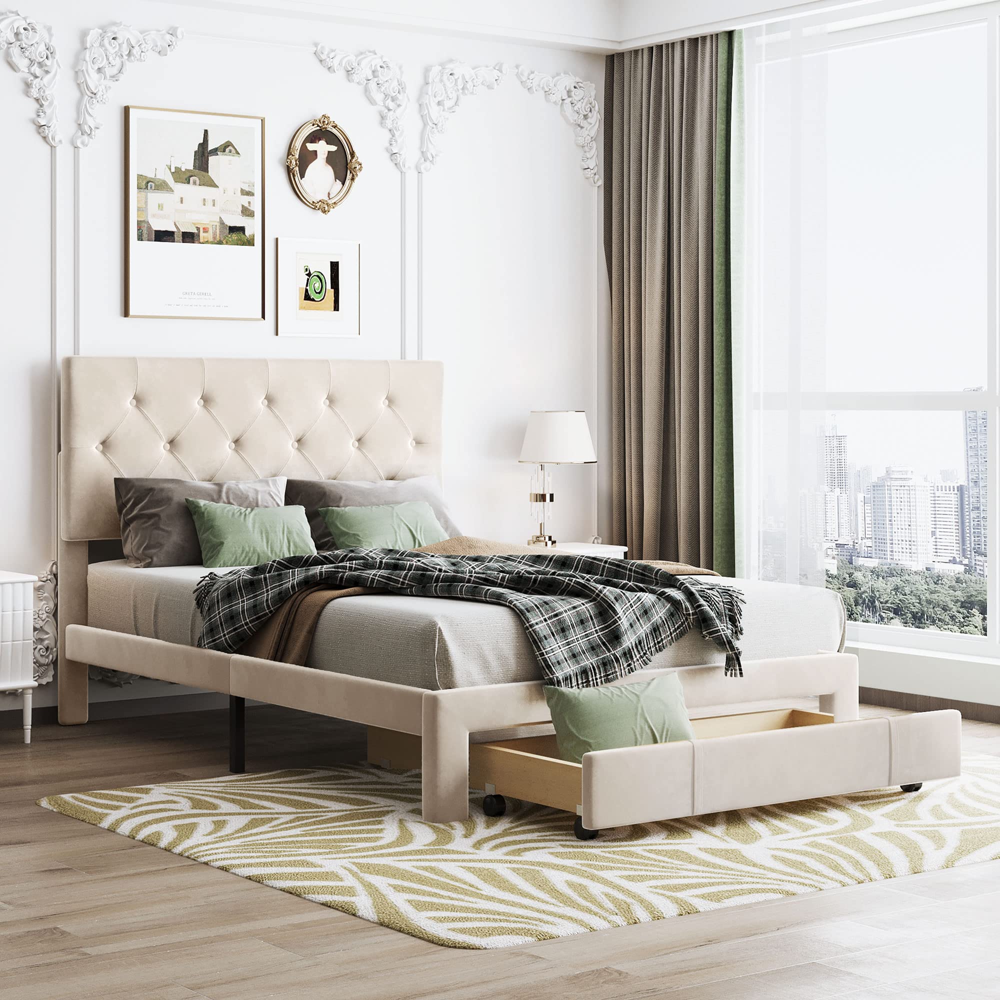 Merax Modern Upholstered Platform Bed with Storage Headboard - Full Size Velvet Bed Frame with Wood Slat Support & Easy Assembly (Beige) | Perfect for Small Bedrooms & Guest Rooms