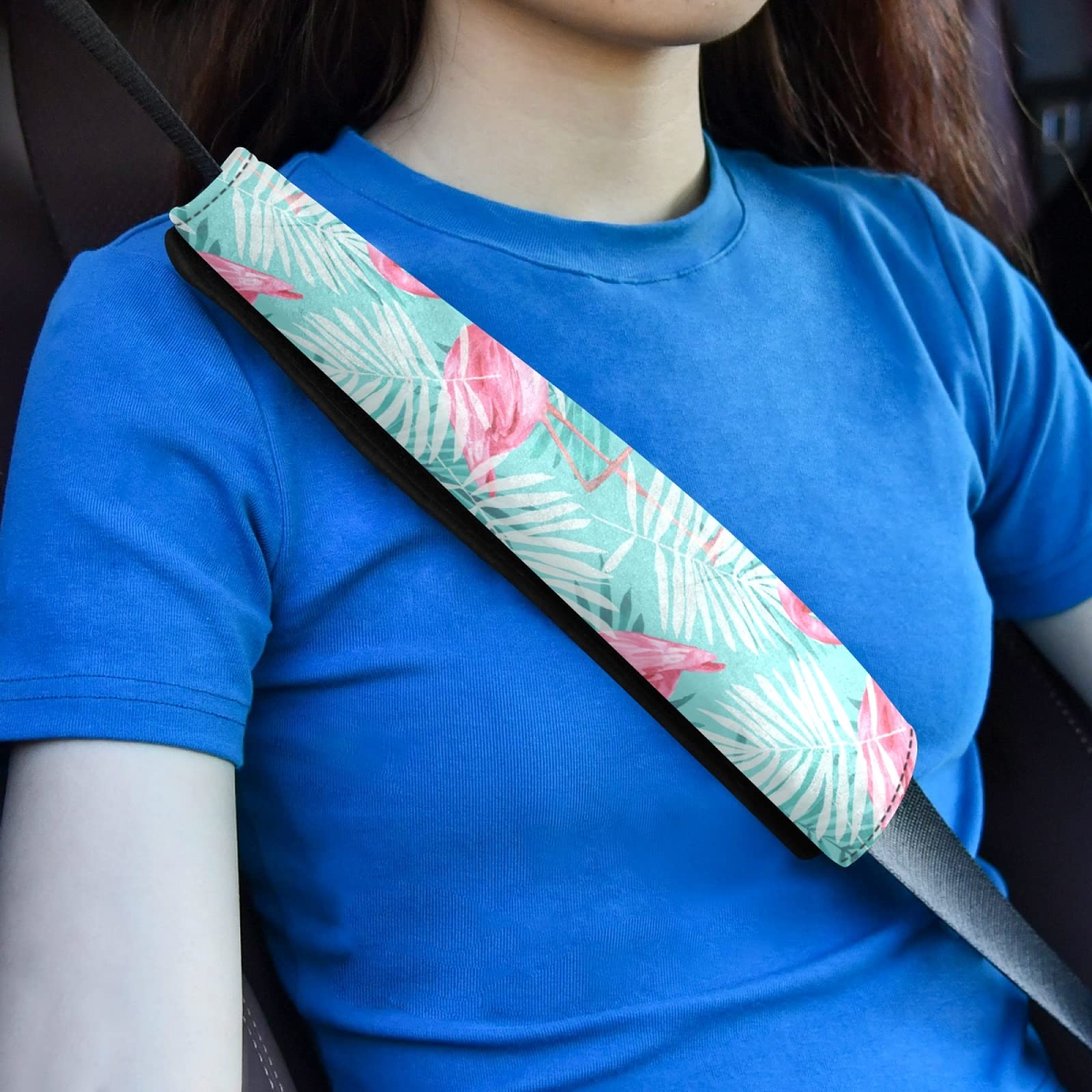 **Pink Flamingo Tropical Palm Leaves Adjustable Car Seat Belt Covers (2-Pack) – Universal Shoulder Strap Pads for Adults & Kids – Soft Comfort for Long Drives, Road Trips & Daily Commutes**