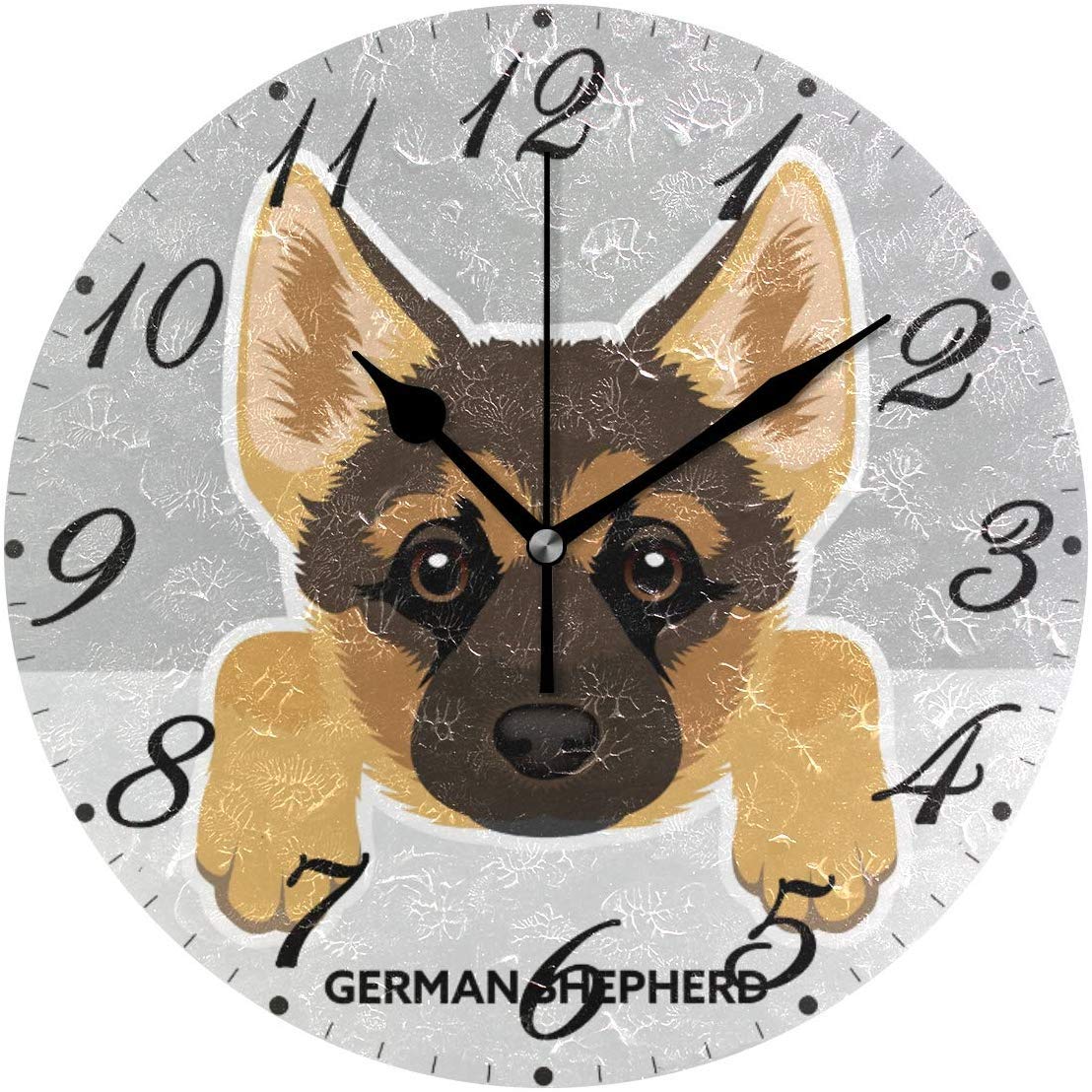 10 Inch Silent Printed Wall Clock - Decorative Round Picture with German Shepherd Puppy Dog, Funny Animal Design for Home & Office Decor | Perfect for Living Room, Bedroom, Kitchen
