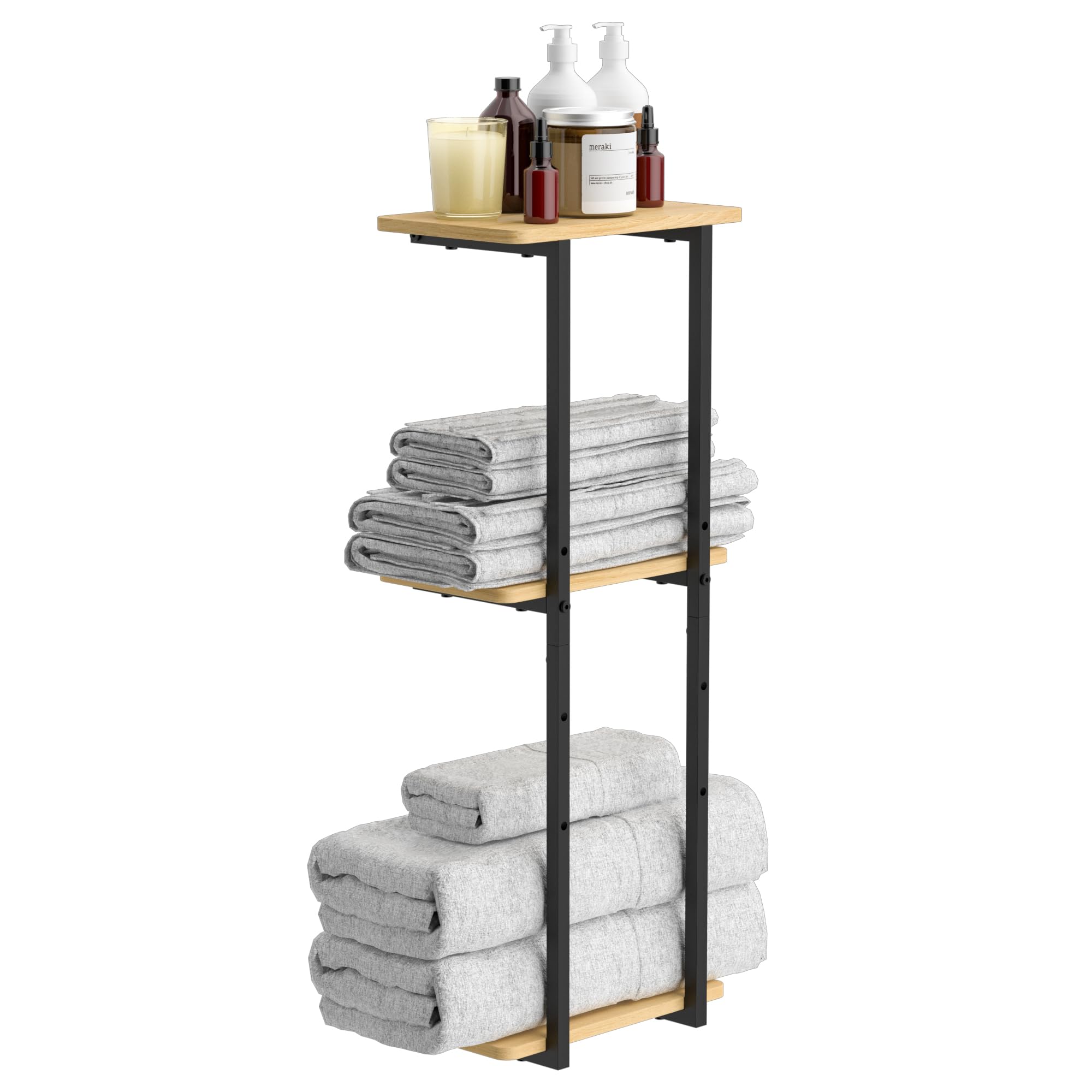 Premium Black Wall Mounted Towel Rack with Wood Shelf - Heavy Duty Metal Bathroom Towel Holder for Kitchen, Living Room & Bedroom Storage | Space-Saving Organizer for Towels, Robes & Decor