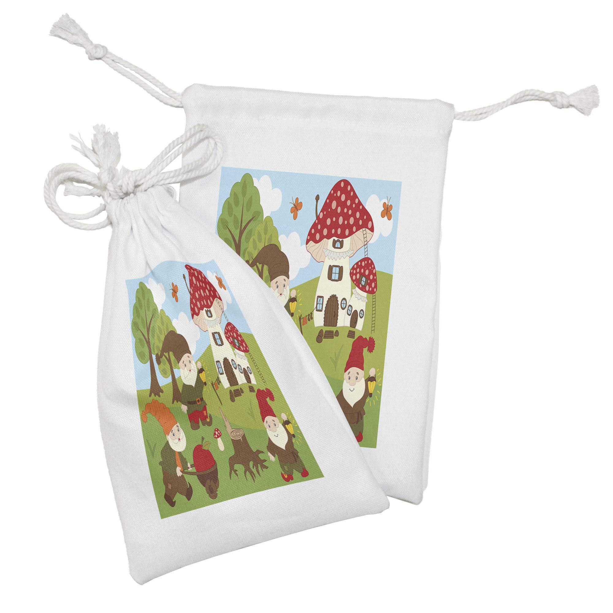 Ambesonne Gnome Fabric Pouch Set of 2 - Small Drawstring Bags for Toiletries, Masks & Favors (9