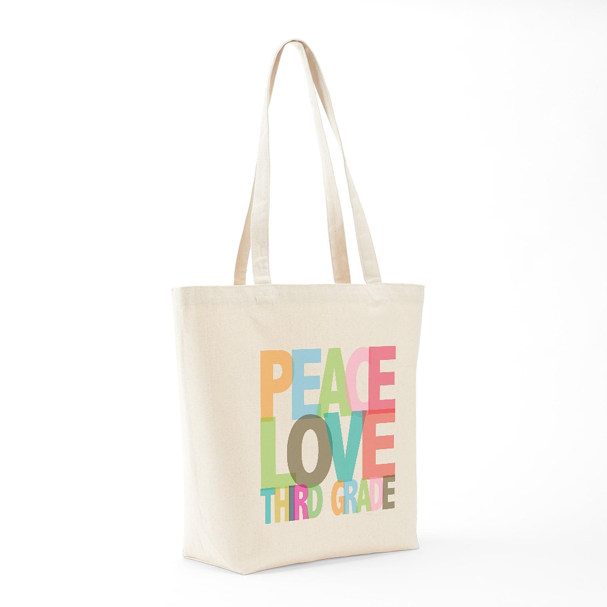 Peace Love Third Grade Tote Bag - Natural Canvas Reusable Shopping Bag for School, Groceries & Beach - Eco-Friendly Teacher Student Gift
