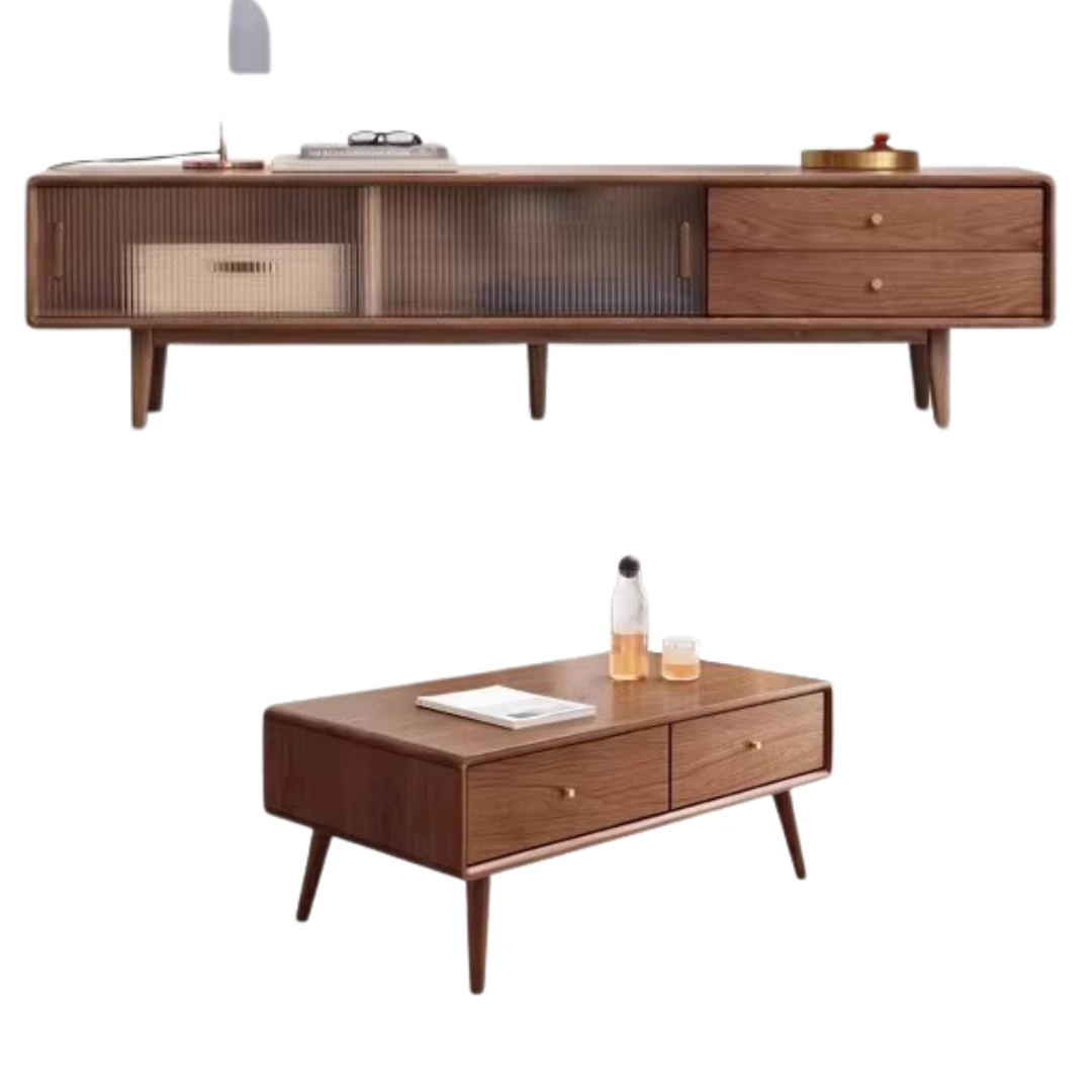 59x13.8x17.7 inch/ 150x35x45cm/ Walnut color/ Glass Sliding Door TV Cabinet+Full Drawer Table