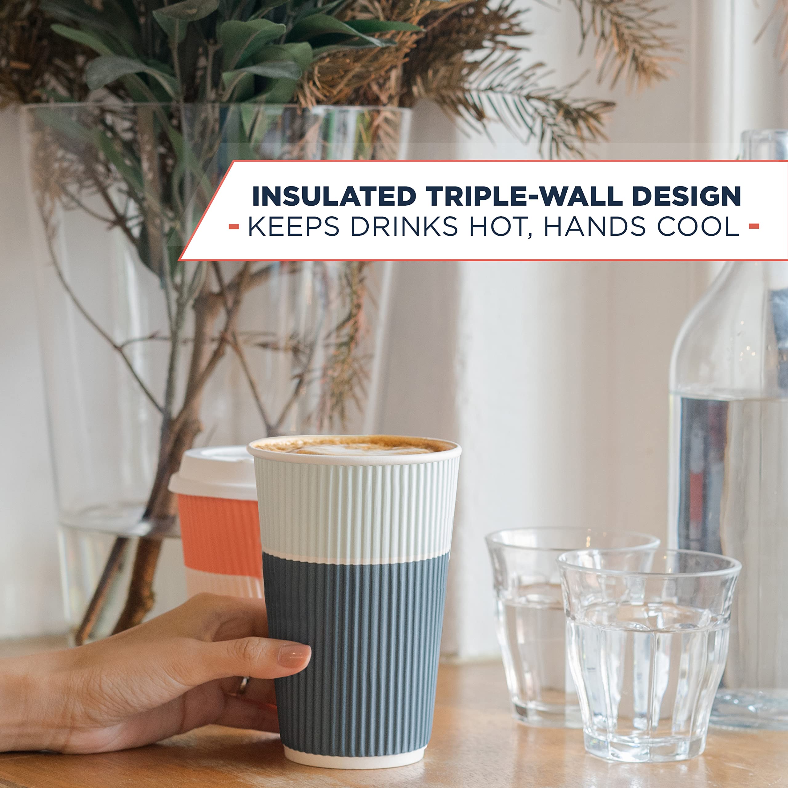 22 oz Disposable Coffee Cups with Lids - Insulated Travel To-Go Paper Cups for Hot & Cold Beverages, No Sleeve Needed (50 Pack, Ocean Blue) - Perfect for Coffee Shops, Office Break Rooms, and On-the-Go Travelers