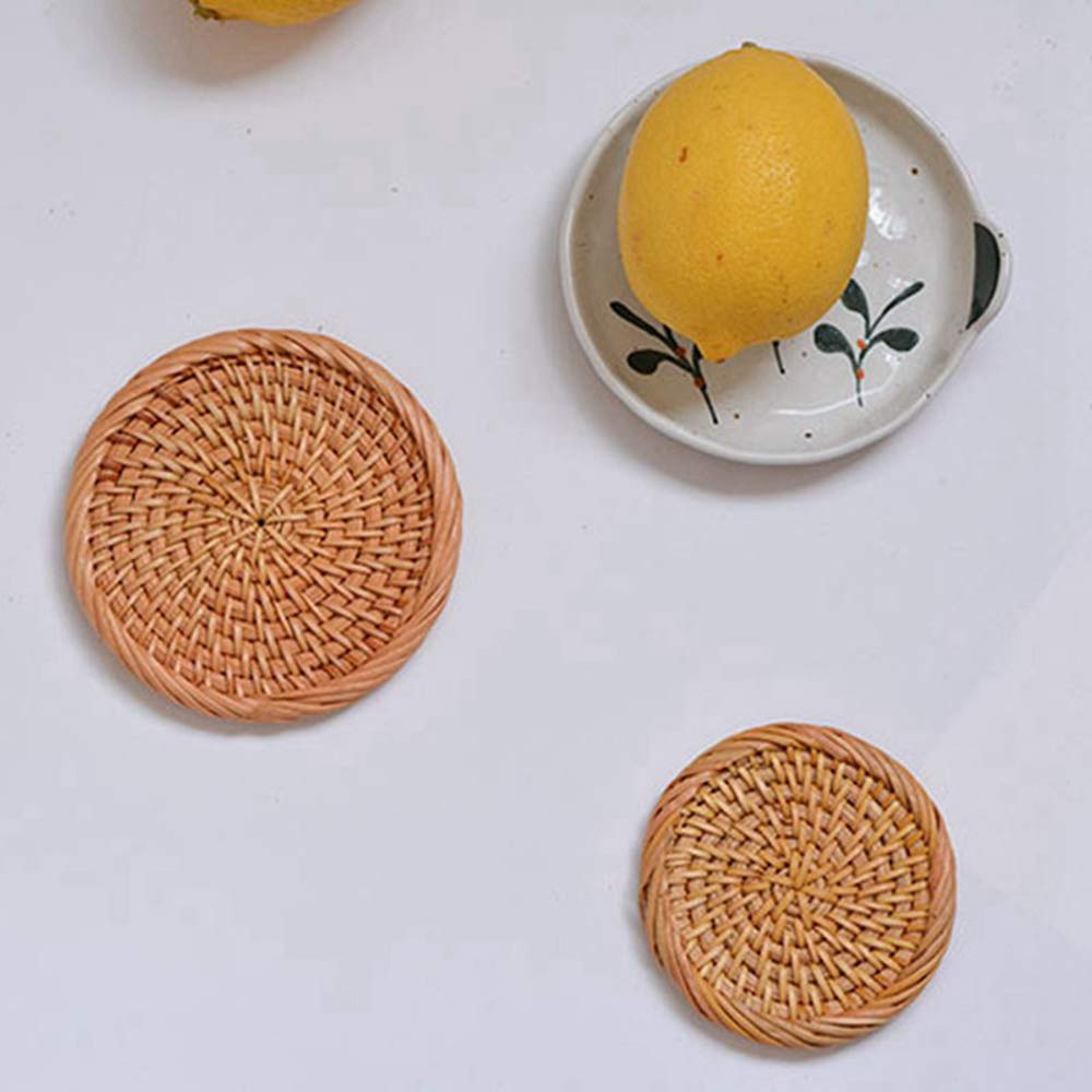Handwoven Rattan Coaster Set - Round Cup & Bowl Pad for Kitchen & Dining (10cm)