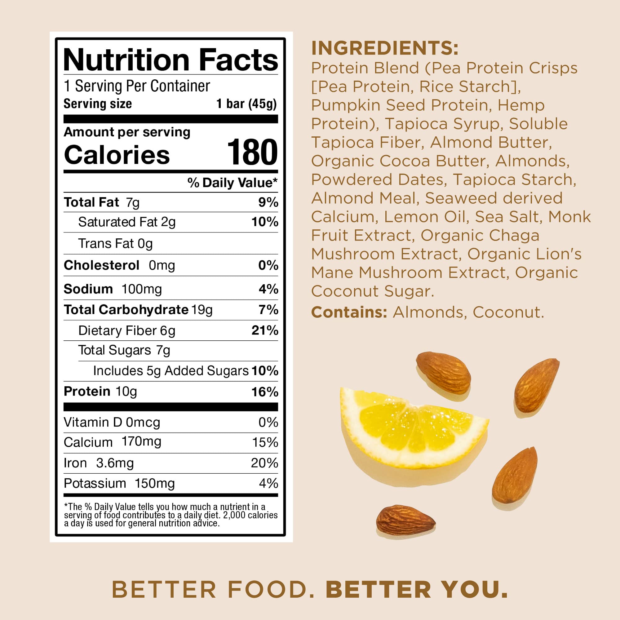 Laird Superfood Functional Protein Bars - 10g Plant-Based Protein, 6g Fiber, with Real Ingredients & Functional Mushrooms - Non-GMO, Vegan, Gluten-Free - Lemon Almond Flavor (10 Count Pack) - Perfect for Post-Workout Recovery, Hiking Snacks & Healthy On-the-Go Nutrition