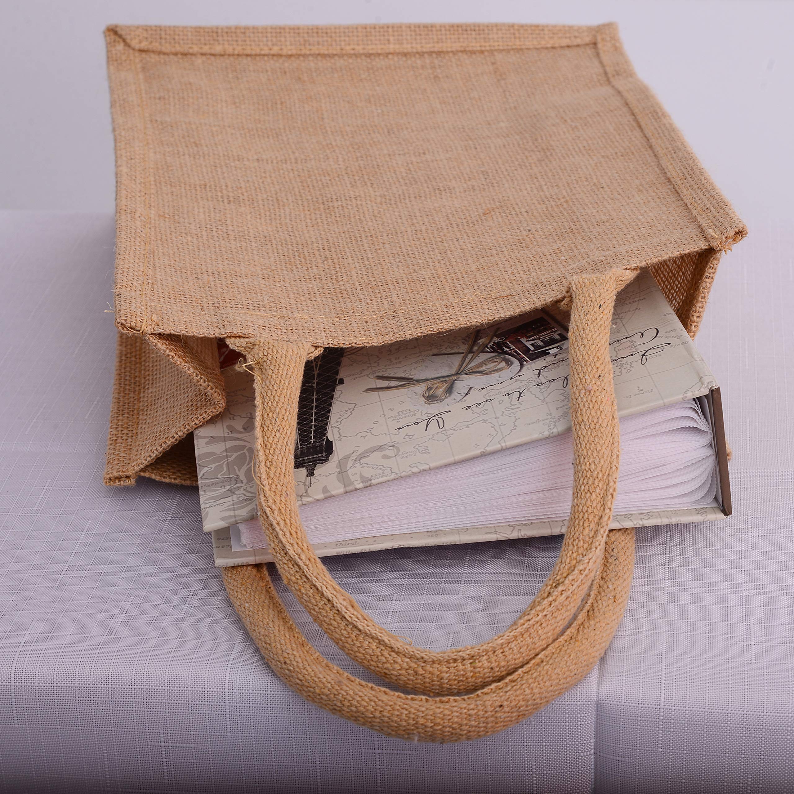 Eco-Friendly Small Jute Burlap Tote Bags - Reusable Natural Cotton Shopping Totes with Full Gusset (Set of 6) - Perfect for Books, Groceries, Gifts & Farmers Market Use