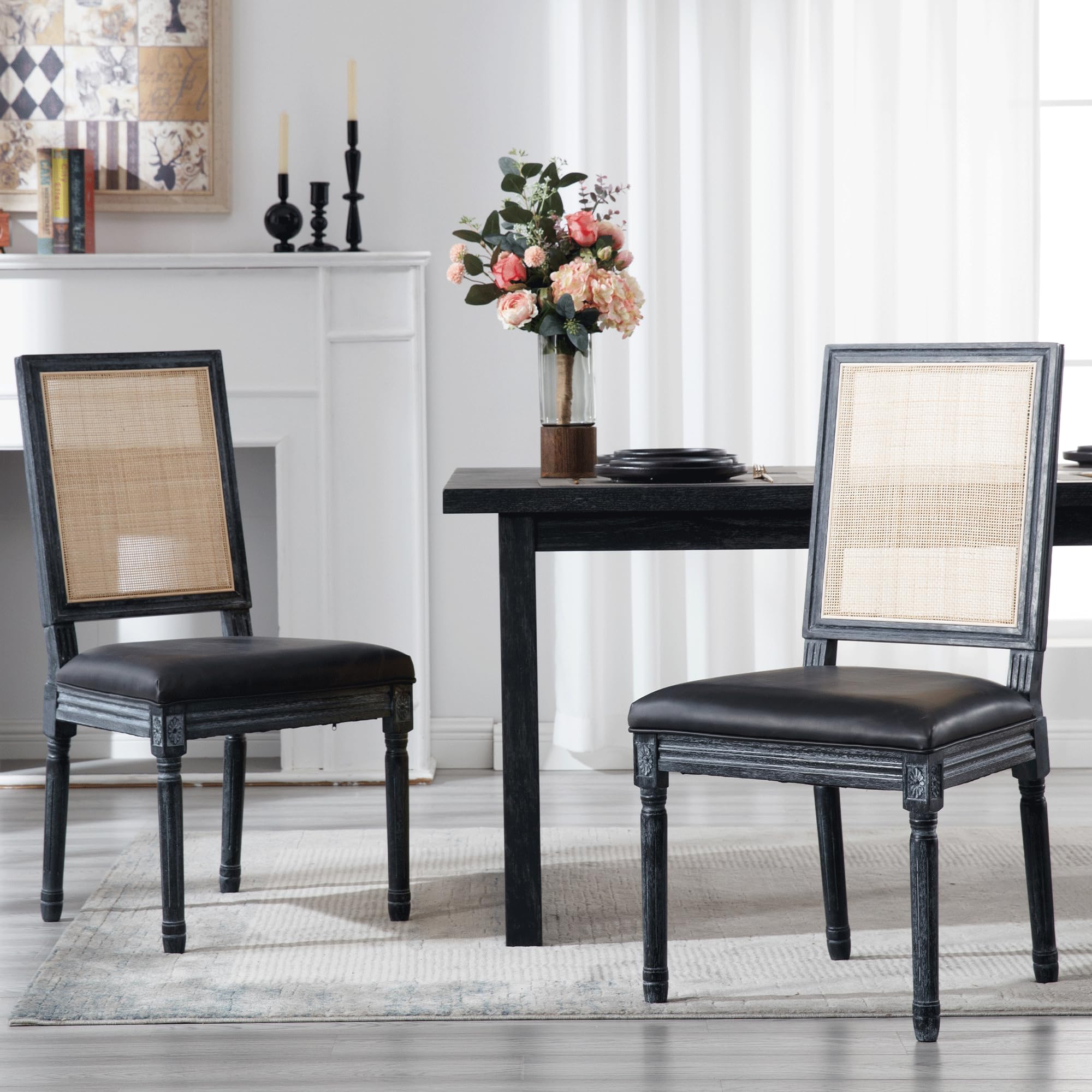 Faux Leather Dining Chairs Set of 2 - Farmhouse Kitchen Chairs with Upholstered Seat & Rattan Back - French Country Style Side Chairs for Dining Room, Restaurant, or Home Decor - Black