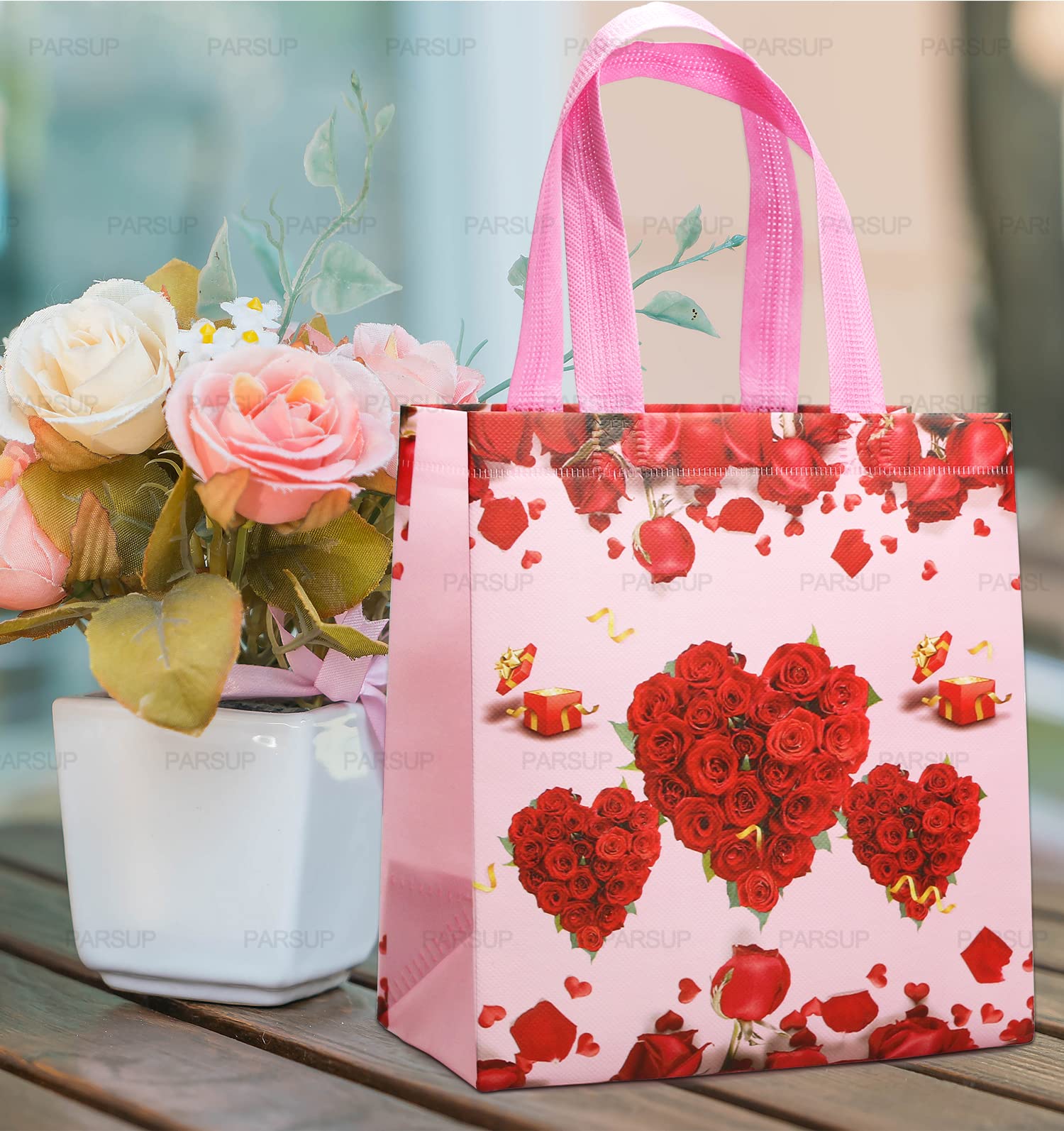 8PCS Valentine's Day Reusable Gift Bags with Handles - Non-Woven Party Favor Bags for Candy, Treats & Gifts (8.7×9.2×4.3inch) - Perfect for Valentine's Parties, Classroom Exchanges & Wedding Favors