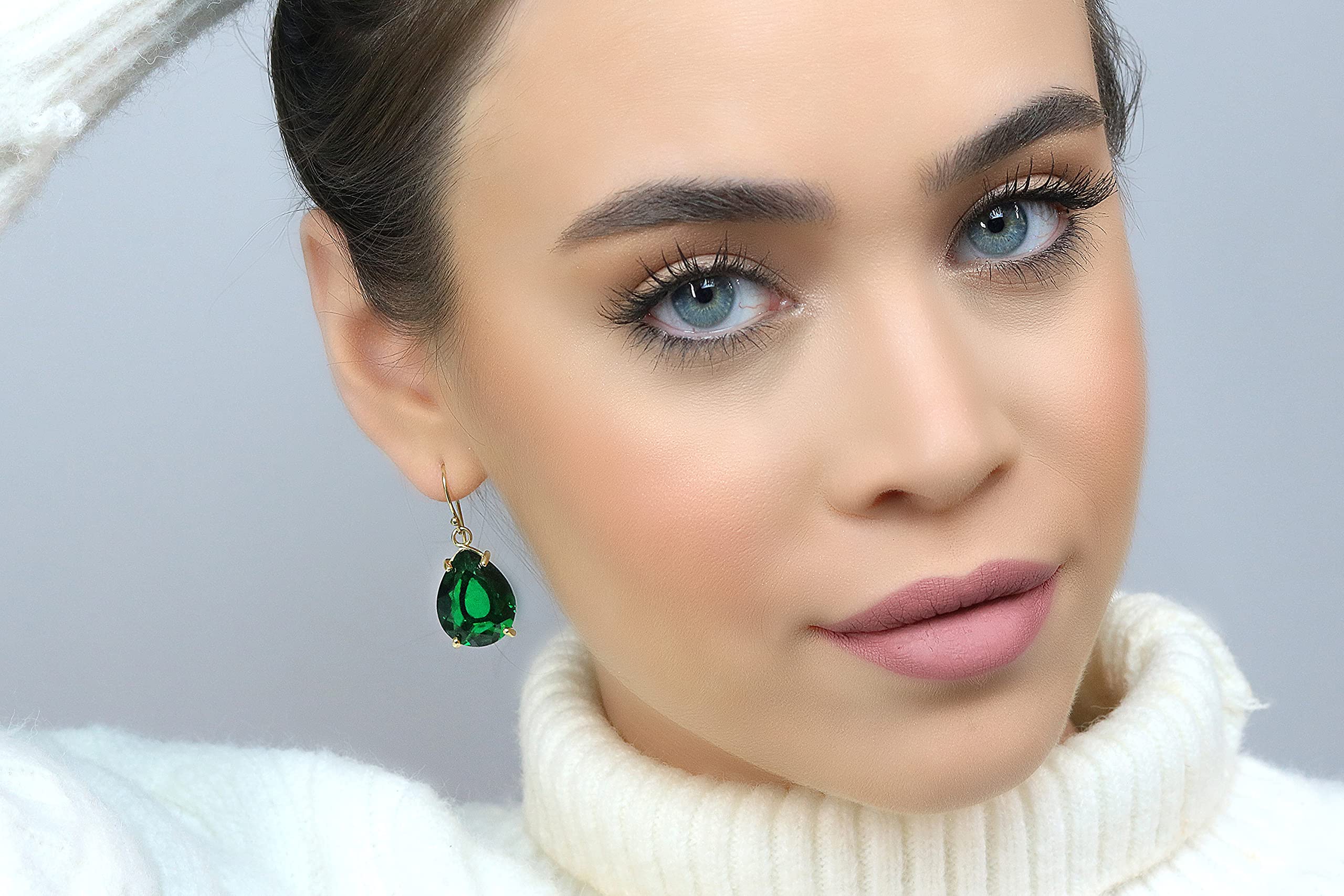 Emerald Pear Shaped Earrings for Women - Handmade May Birthstone Jewelry - Artisan Statement Fashion Earrings - Perfect Gift with Fancy Box for Birthday, Anniversary & Special Occasions