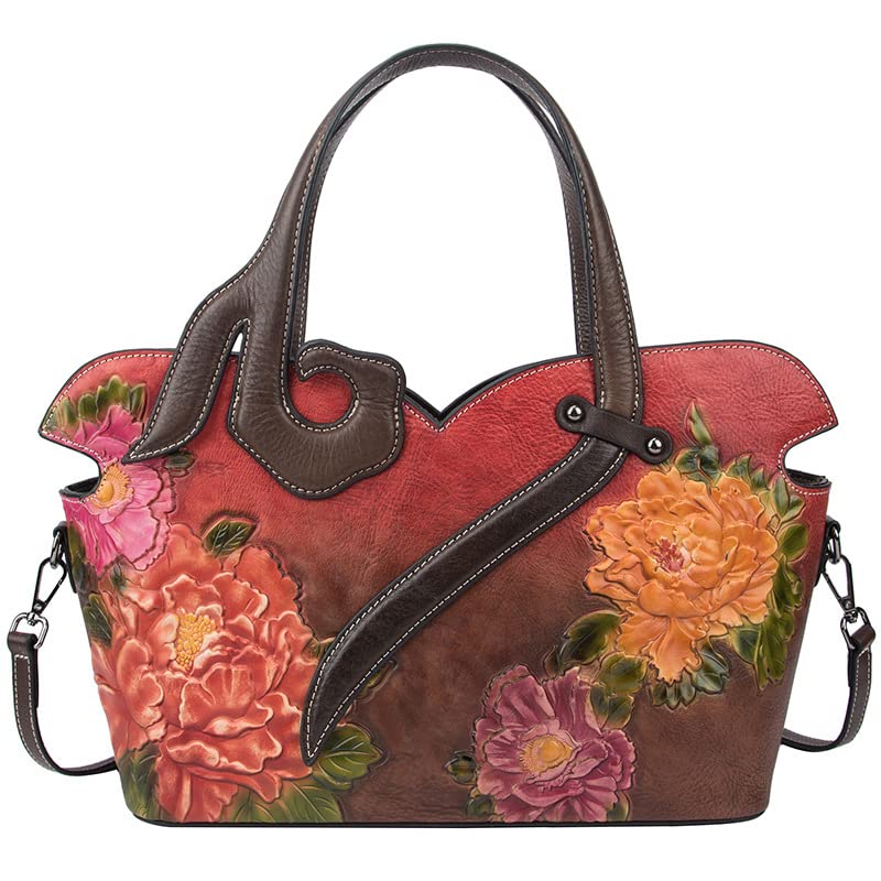 Genuine Leather Handbags for Women - Vintage Floral Embossed Top Handle Satchel & Crossbody Purse - Perfect for Work, Travel & Everyday Use