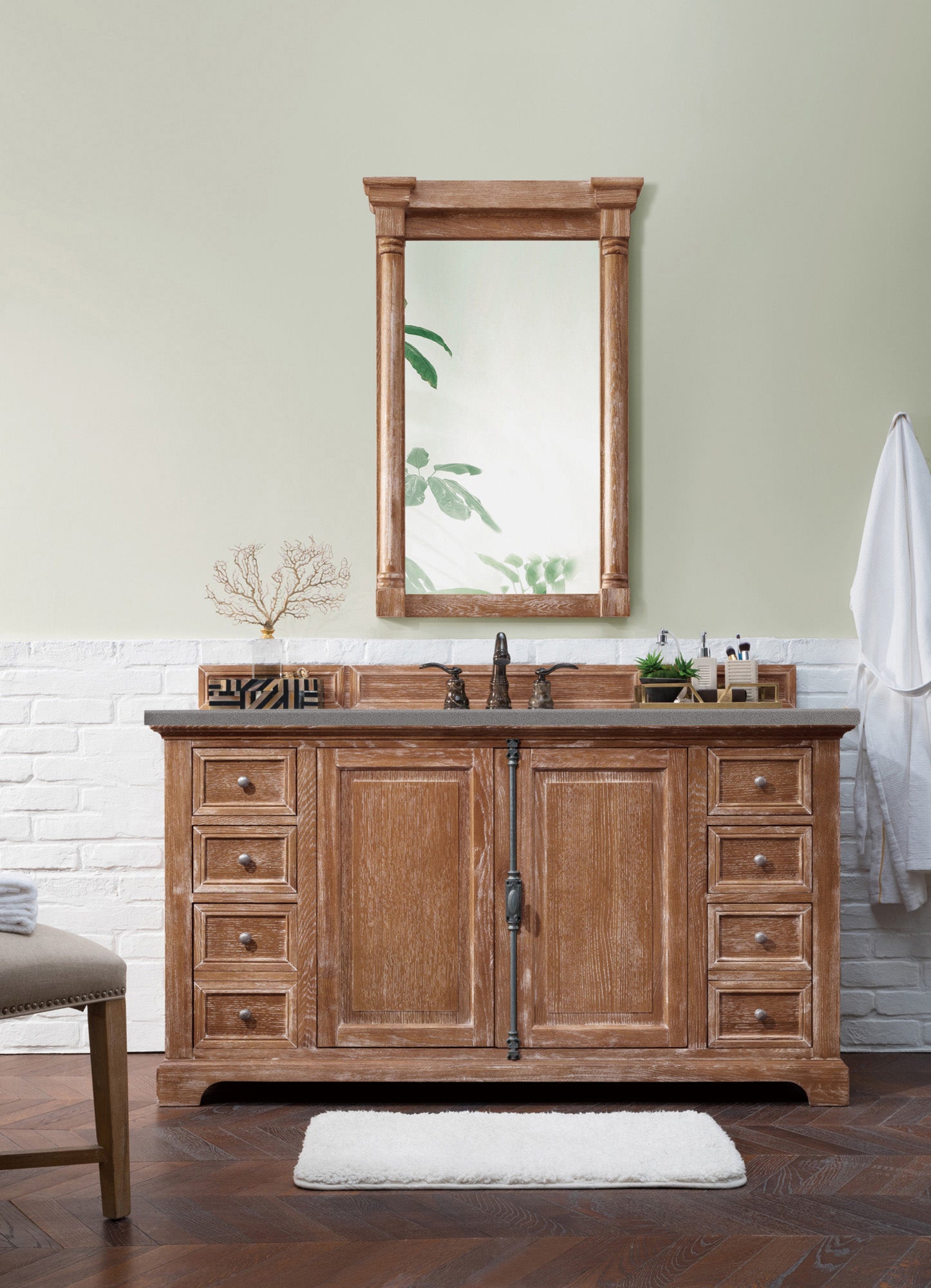 Providence 60 Inch Single Bathroom Vanity Cabinet in Driftwood Finish with 3CM Grey Expo Quartz Countertop - Perfect for Modern Master Bathrooms and Guest Bath Remodels