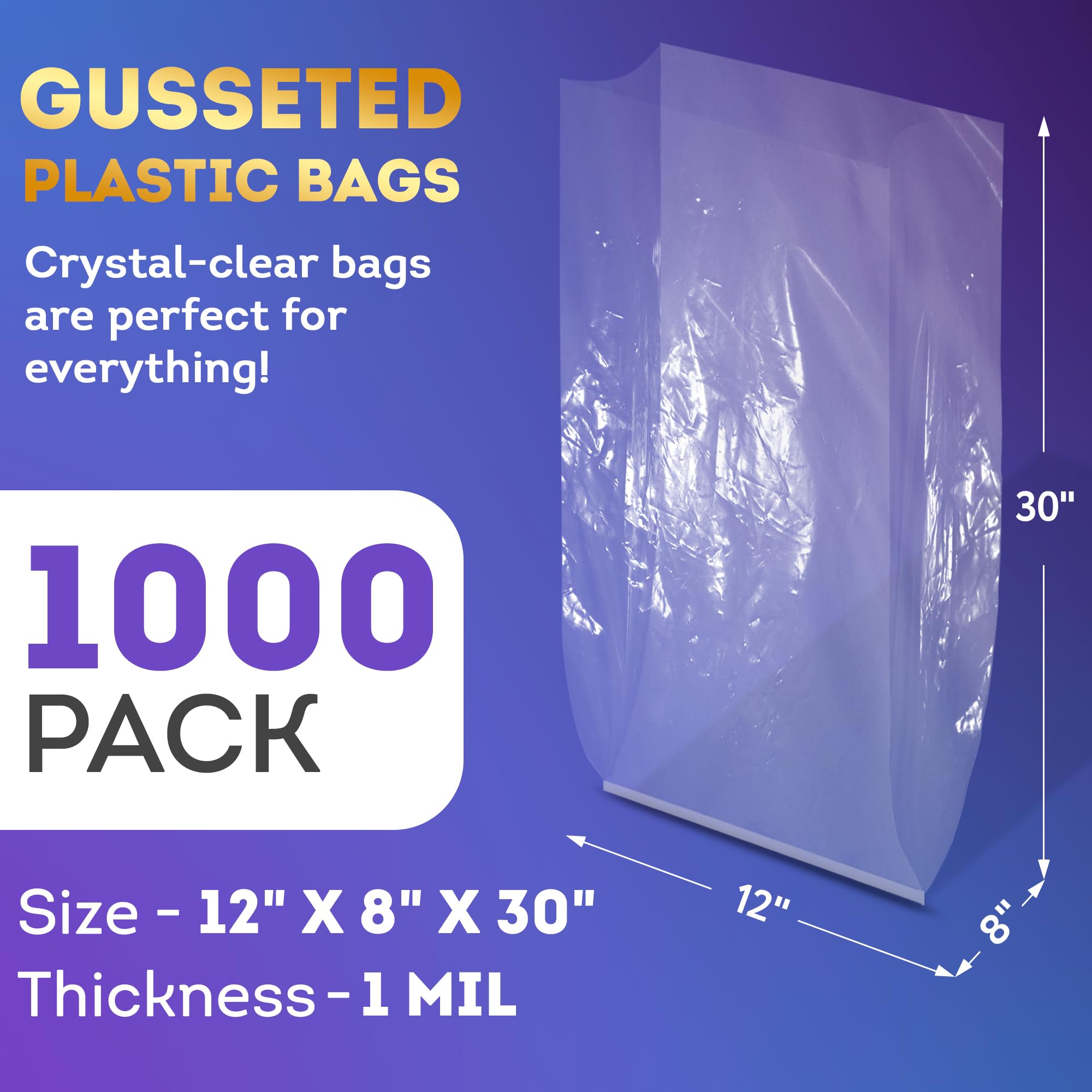 APQ Clear Gusseted Poly Bags 12x8x30 Inches - 1000 Pack of 1 Mil Thick Open Top Plastic Bags for Packaging Cookies, Popcorn, Candies & Homemade Bread - Perfect for Bakery, Party Favors & Retail Display
