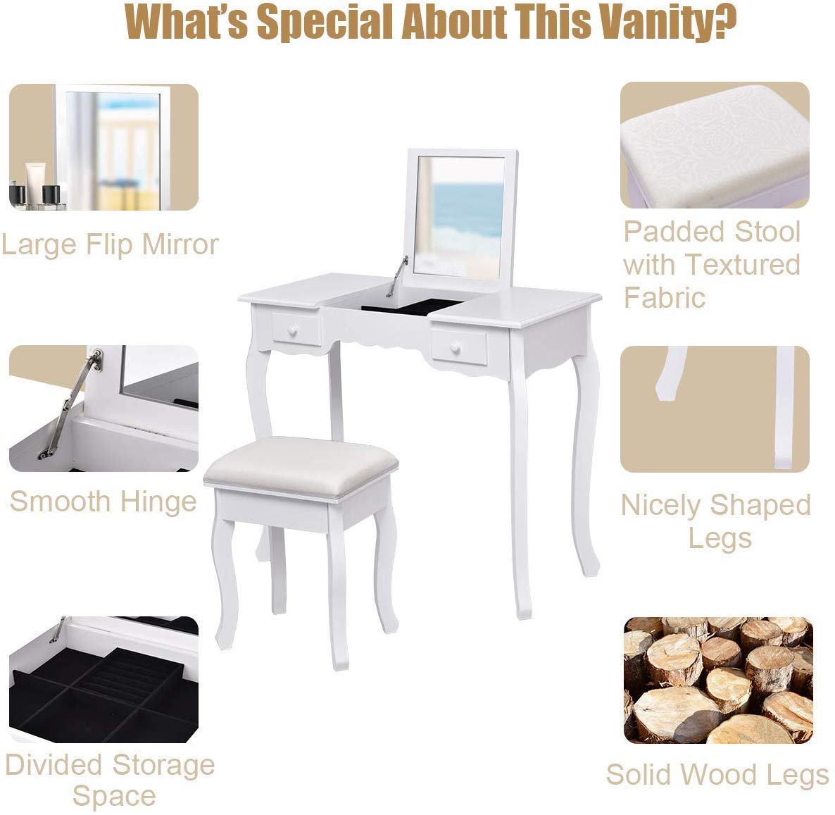 Dual Purpose Vanity Set with Mirror & Stool - MDF Makeup Desk for Daily Use