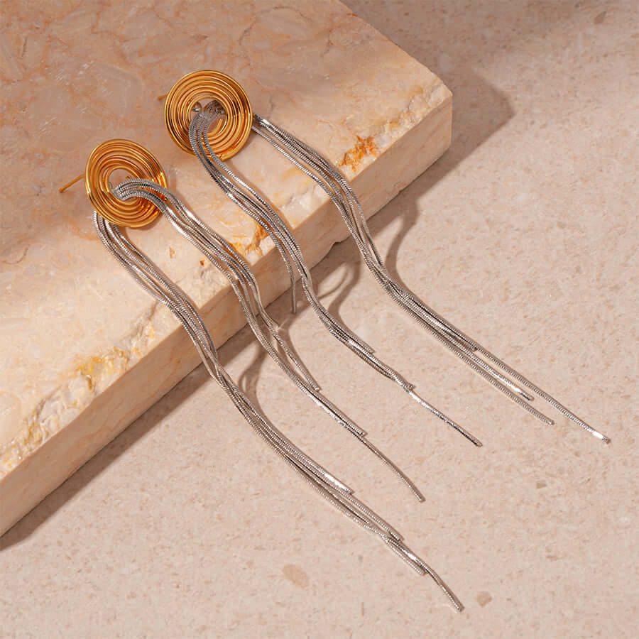 Vintage 2-Tone Metallic Spiral Tassel Long Chain Earrings for Women | HE22452 | Boho Chic Jewelry for Parties, Weddings & Date Nights