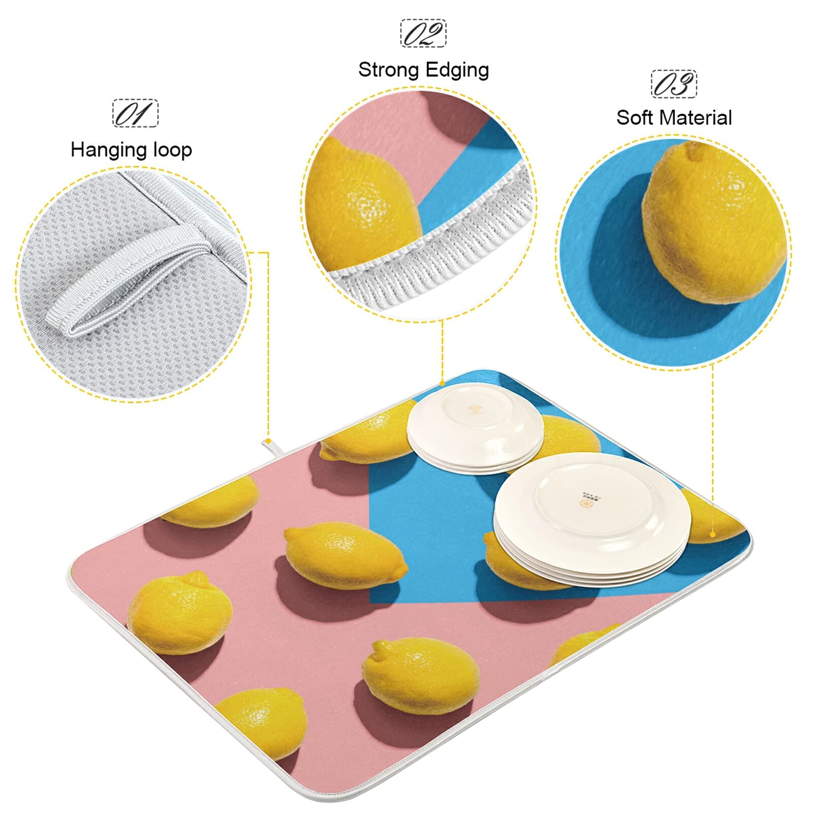 3D Lemon Fruit Kitchen Dish Drying Mat - 16x18 Inch Microfiber Reversible Drainer Rack Pad | Heat-Resistant, Washable Countertop Mat for Dishes, Cups & Utensils | Perfect for Kitchen Sink, Countertop & Dish Drainer Organization