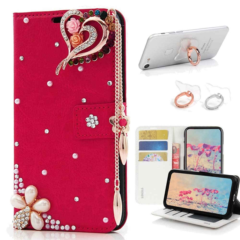 STENES Bling Wallet Case for LG V35 ThinQ - 3D Handmade Rose Heart Pendant Leather Phone Cover with Ring Stand Holder [2 Pack] - Stylish Protective Case for Women - Perfect for Dating, Parties & Everyday Use
