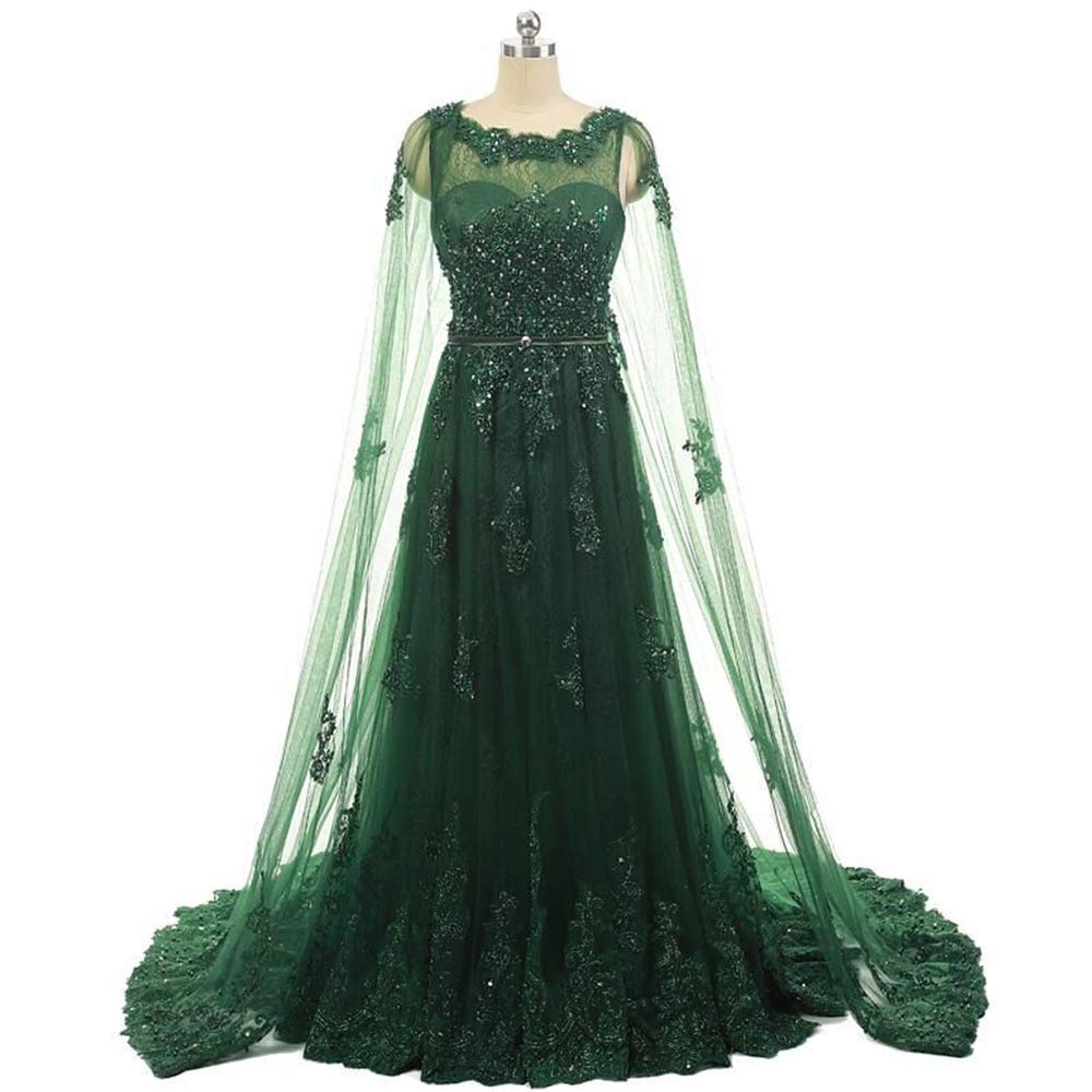 Elegant Women's Beaded Lace Tulle Formal Evening Gown with Detachable Cape - Perfect for Prom, Wedding, and Black Tie Events