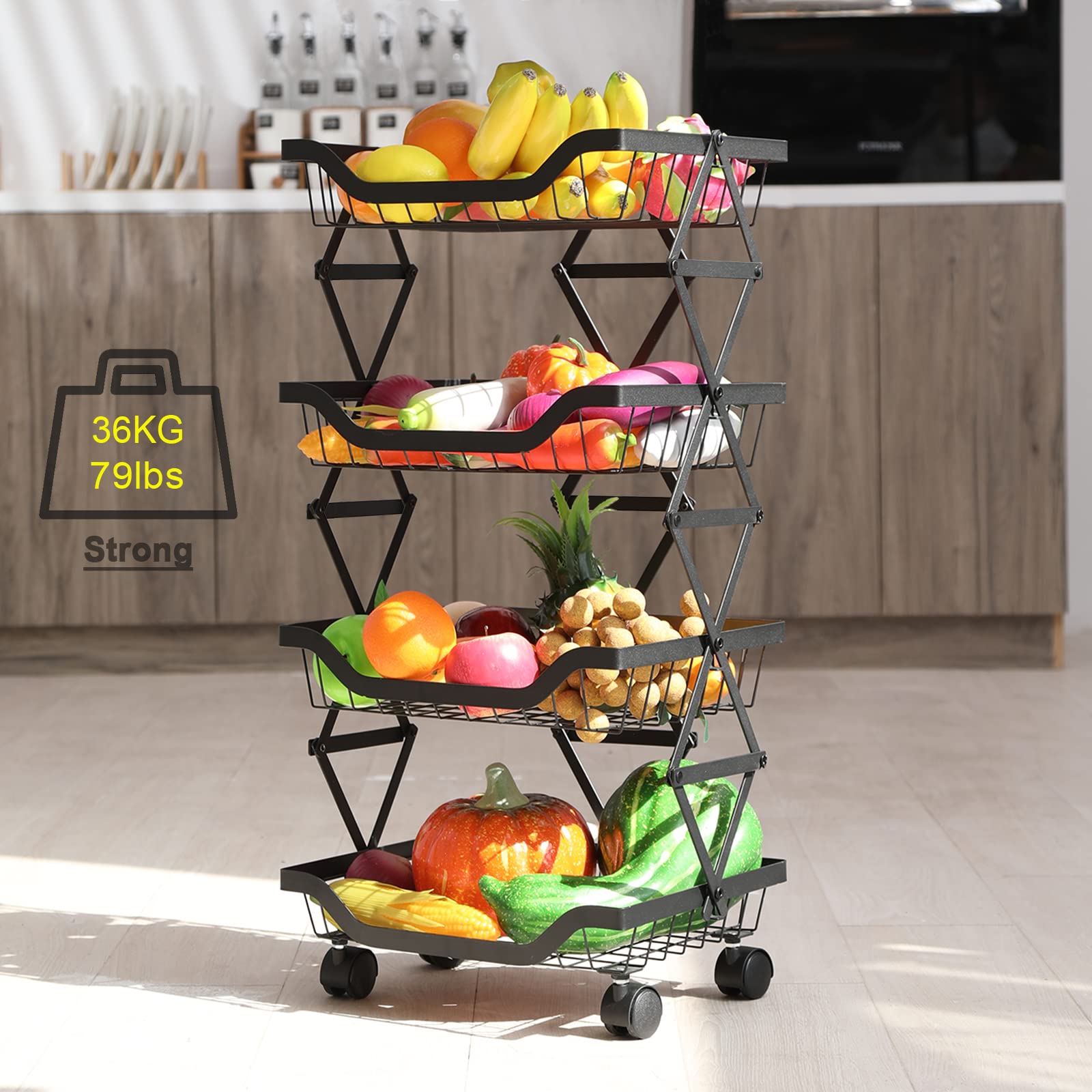 BRIAN & DANY 4-Tier Kitchen Storage Rack for Fruits and Vegetables - Space Saving Organizer Basket for Fresh Produce, Pantry, Countertop - Black (Perfect for Small Kitchens & Refrigerator Organization)