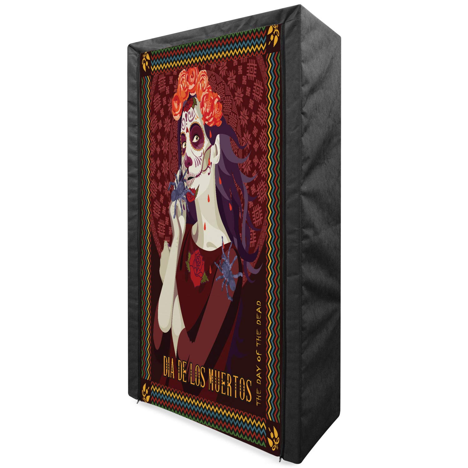 Ambesonne Day of The Dead Portable Fabric Wardrobe - Dia de Los Muertos Print with Calavera Makeup & Spanish Rose Art, 33.5 Inch Burgundy Clothing Organizer & Storage Closet with Shelves - Perfect for Bedroom, Closet, Dorm, or Travel Use