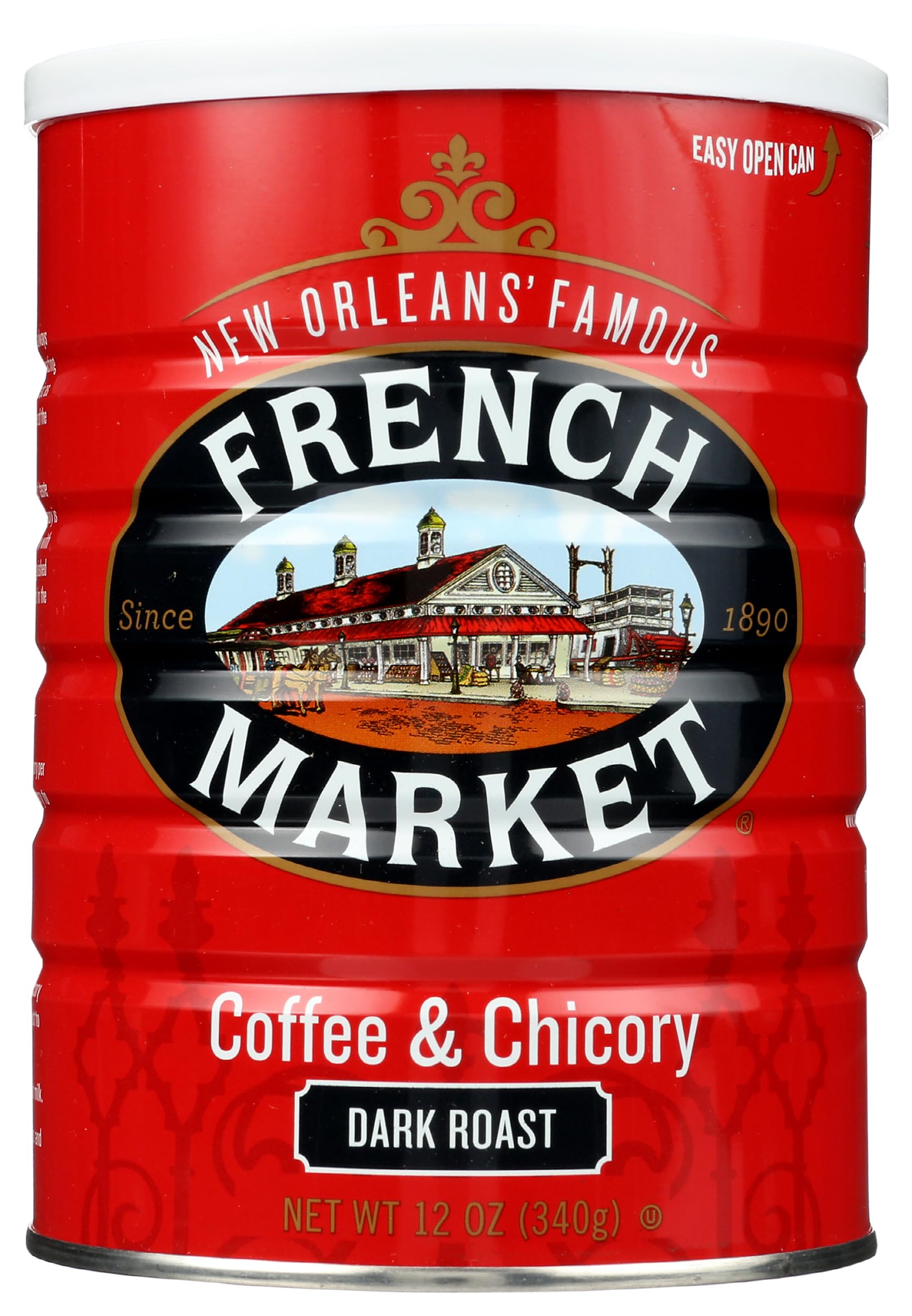 Premium French Market Coffee & Chicory Dark Roast Ground Coffee - 12oz Can (Pack of 1) | Rich New Orleans-Style Blend for Morning Brew, Afternoon Pick-Me-Up & Cozy Evenings