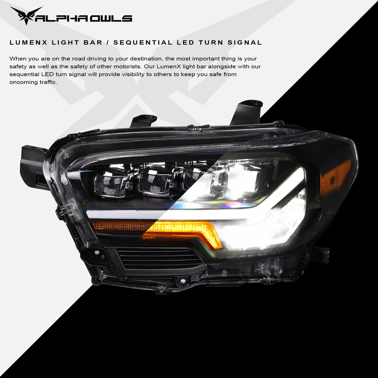Alpha Owls Quad-Pro LED Headlights for 2016-2023 Toyota Tacoma - White LED Light Bar & Sequential Turn Signals | Perfect for Off-Road & Night Driving