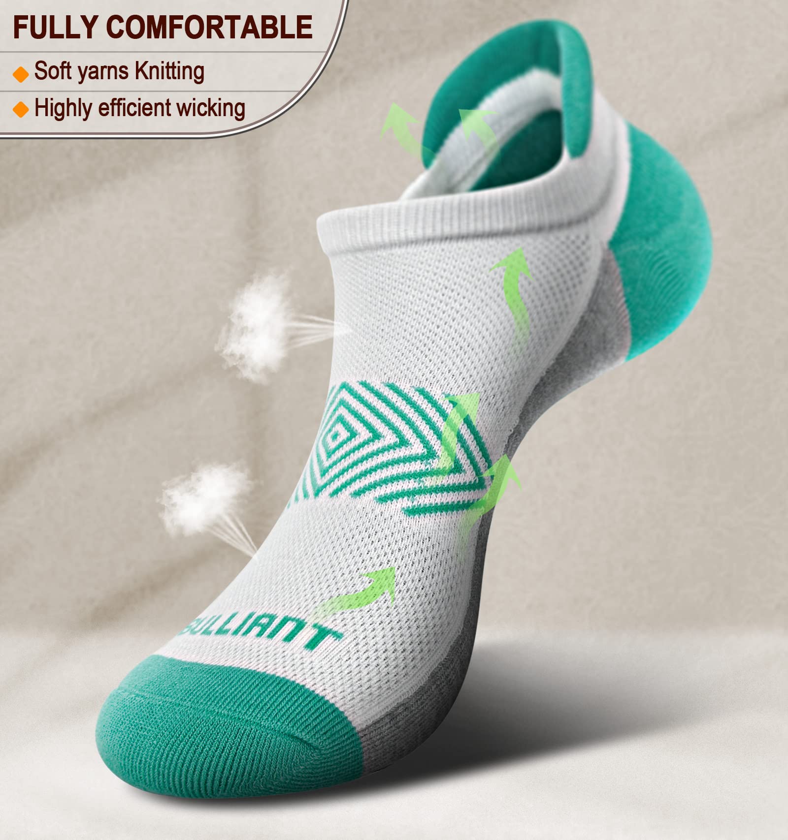 BULLIANT Women's Athletic Ankle Socks 6-Pack - No Show Cushioned for Running & Walking with Arch Support - Gym & Daily Wear