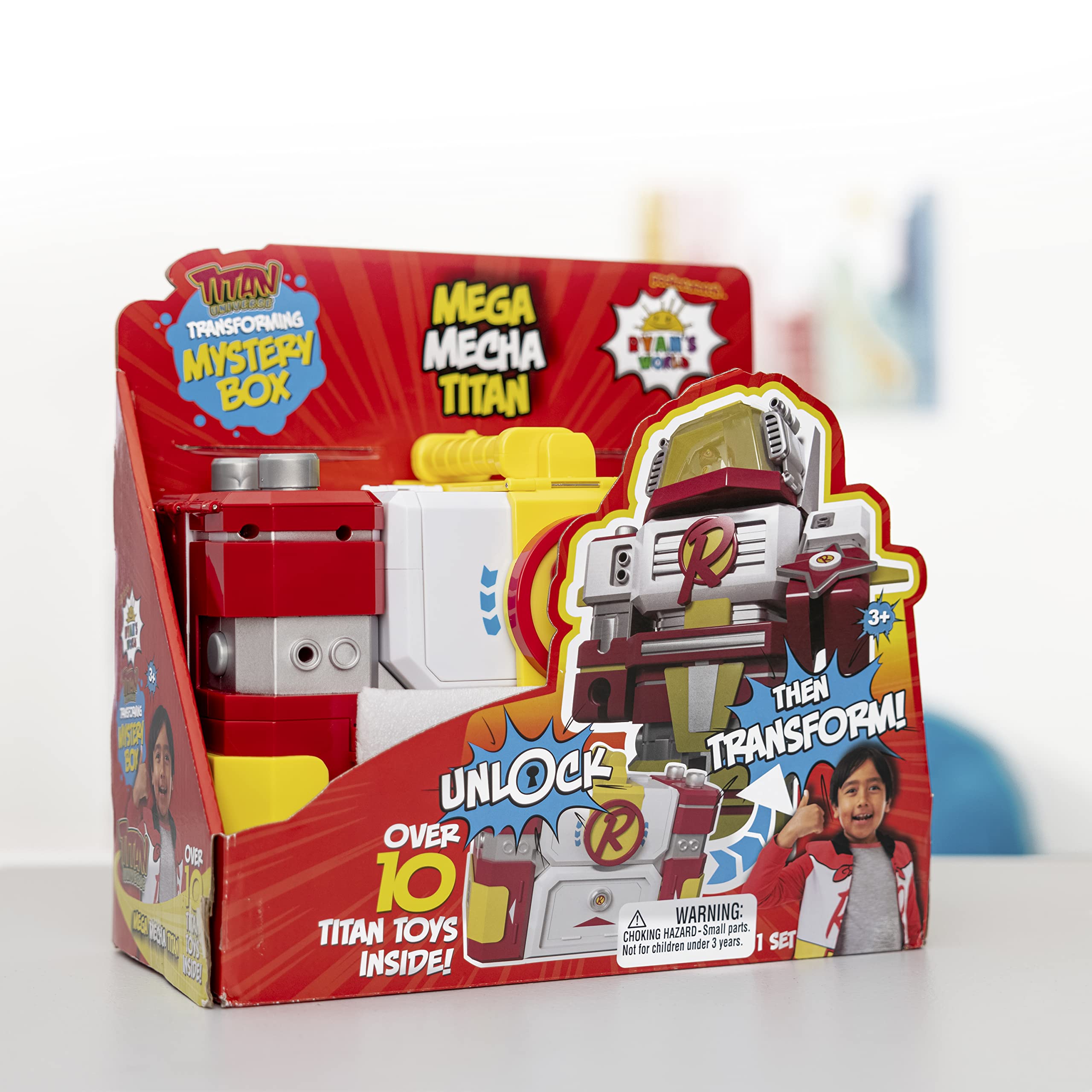 Ryan's World Mega Mecha Titan Robot - Transforming Chest to Red Titan Robot | 5 Micro Figures, Spinner, Wearable Eye Mask & Cape, Stickers Included | Perfect for Kids' Playtime, Birthday Gifts & Action Figure Collectors
