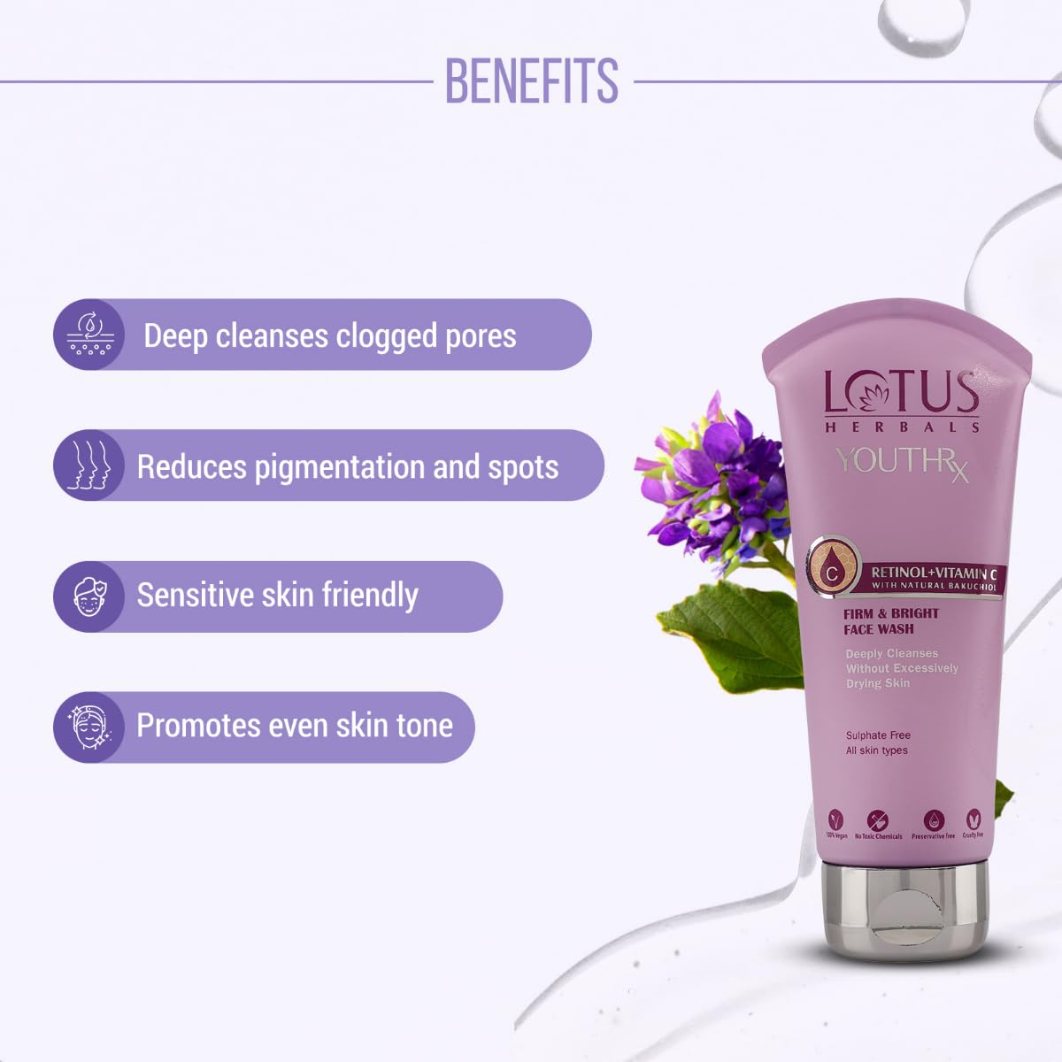 Lotus Herbals YouthRx Firm & Bright Face Wash with Bakuchiol Retinol & Vitamin C - Anti-Aging & Brightening Cleanser for Glowing Skin (100ml) | Perfect for Daily Skincare Routine & Anti-Wrinkle Treatment