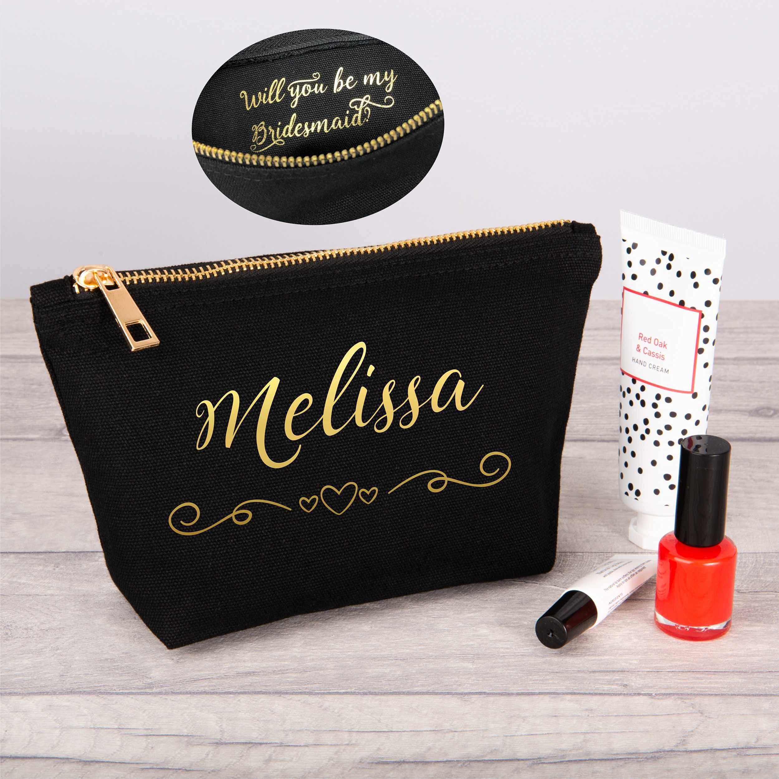 Personalized 'Will You Be My Bridesmaid?' Gold Makeup Bag - Custom Printed Proposal Gift for Wedding Party (Black, Medium Size) - Perfect for Bridal Shower, Bachelorette Party & Maid of Honor Gifts
