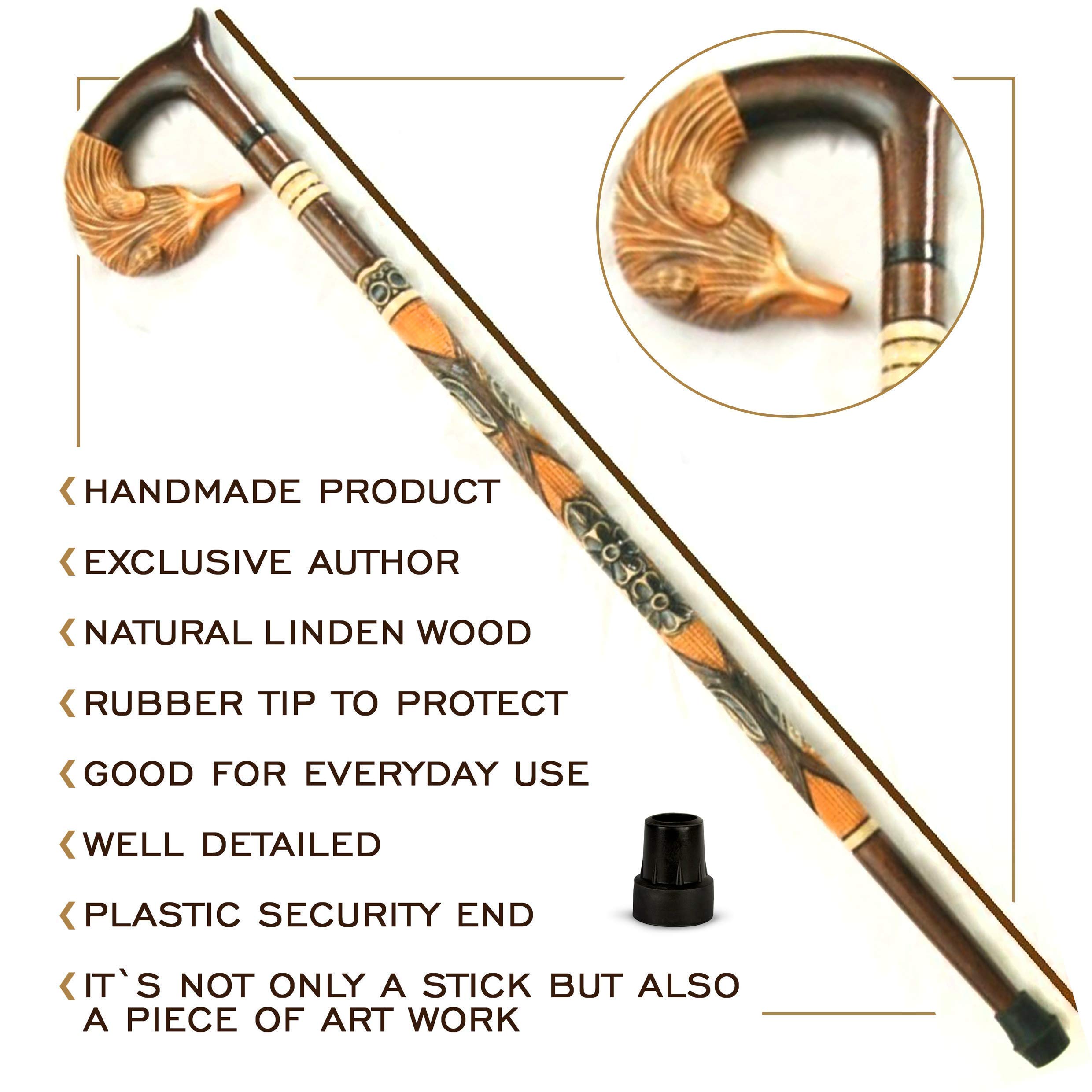 Elegant Fox Head Wooden Walking Cane for Women - Hand Carved Fashionable Walking Stick (36 Inches) - Perfect for Seniors, Hiking, and Outdoor Activities