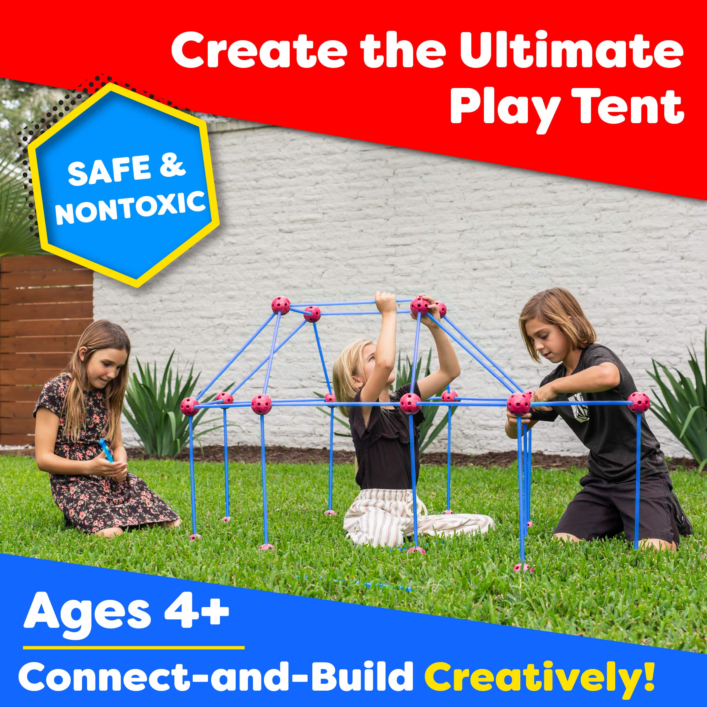 81-Piece STEM Fort Building Kit for Kids - Fun Fun Forts Play Tent with 53 Rods & 28 Spheres | Indoor/Outdoor Construction Toys | Educational STEM Learning & Creative Play (Red & Blue)