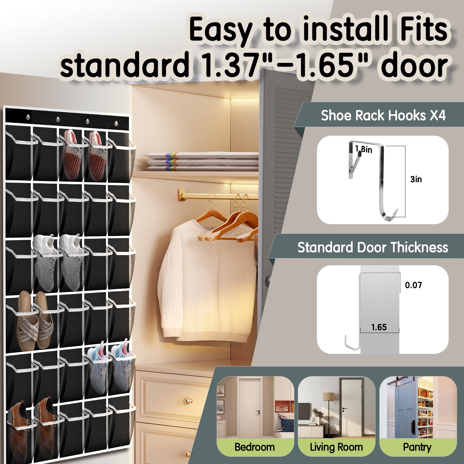 30 Compartment Breathable Mesh Over the Door Hanging Shoe Organizer - Large Storage for Men & Women Shoes - Space Saving Closet Organizer - Perfect for Bedrooms, Dorms & Entryways (Black)