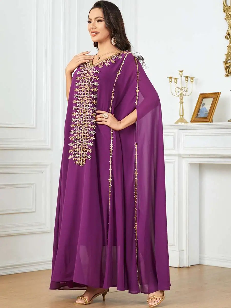 Elegant Eid Caftan Dress for Muslim Women - Flowy Chiffon Embroidery Maxi Dress - Perfect for Eid Celebrations, Weddings & Special Occasions