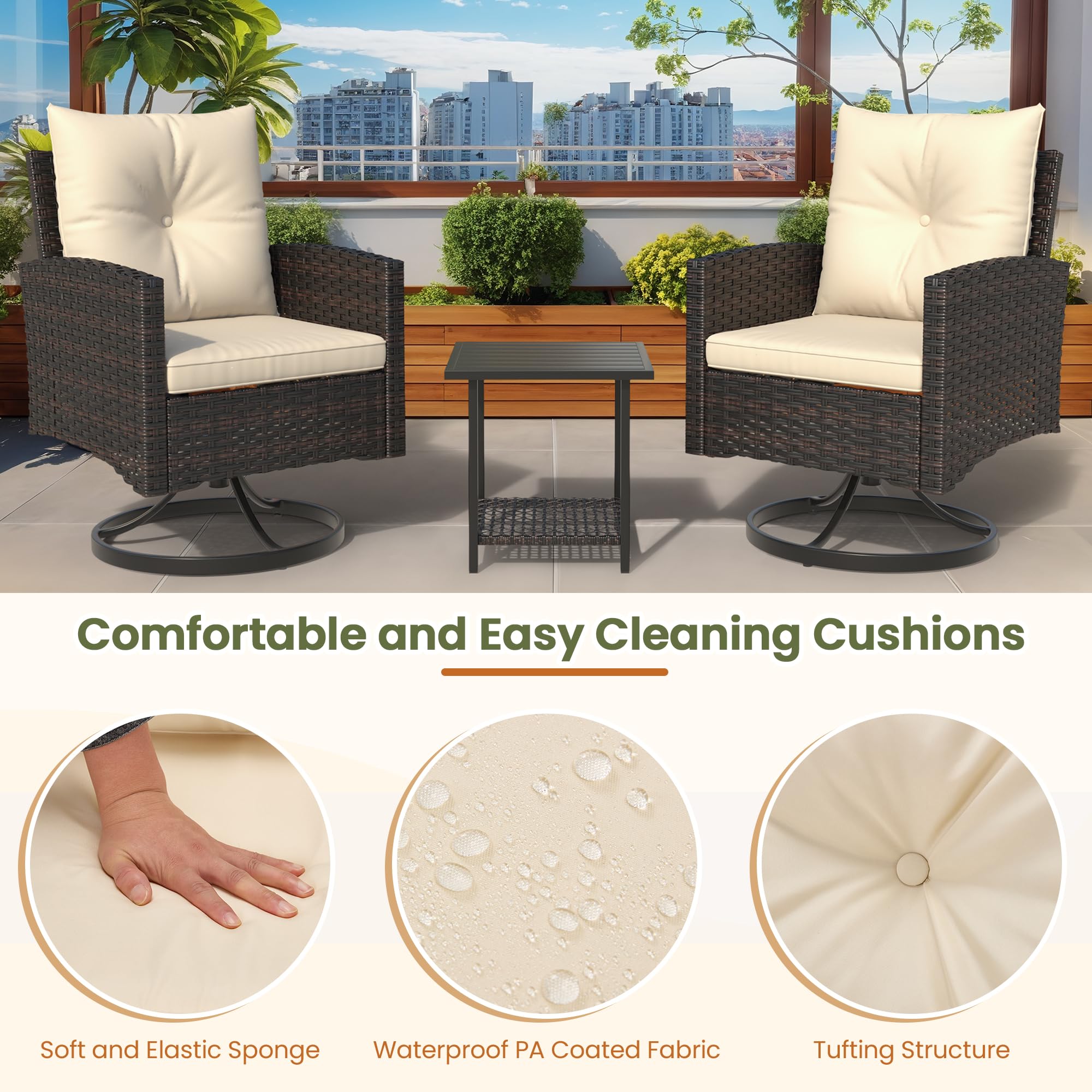 3-Piece Outdoor Patio Furniture Set with Swivel Rocking Chairs, Side Table & Washable Cushions - Beige - Perfect for Porch, Balcony, Deck, Garden and Backyard Relaxation