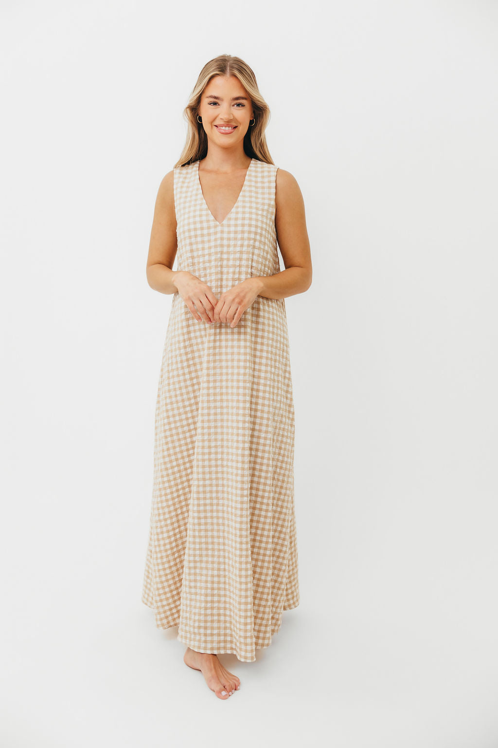 Ruthie Gingham Maxi Dress in Honey - Flowy Summer Dress for Women, Boho Chic Long Dress with Pockets, Perfect for Beach, Vacation & Outdoor Events