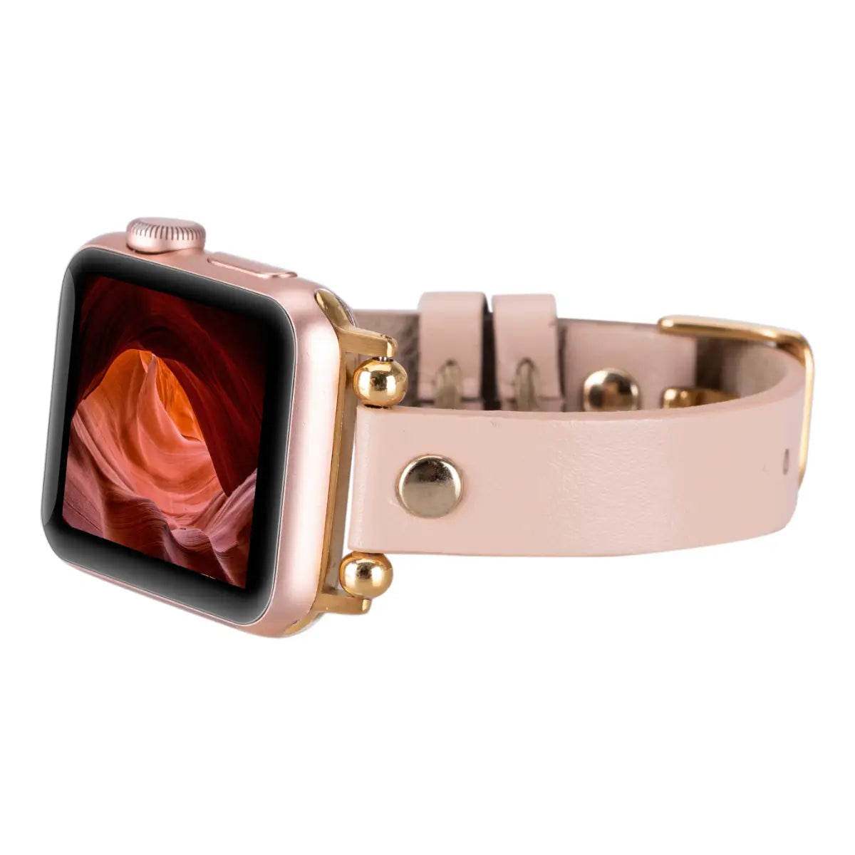 Ultra Slim Nude Pink Leather Apple Watch Band with Gold Rivet - Stylish & Comfortable for Women, Perfect for Workouts, Office & Everyday Wear