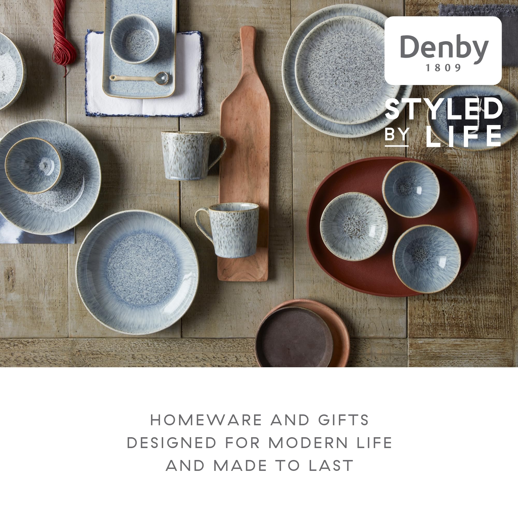 Denby Halo Speckle 12-Piece Dinner Set - Reactive Glaze Ceramic Stoneware in Grey, Blue & Neutral Colors - Dishwasher & Microwave Safe - Scratch & Chip Resistant - Perfect for Family Dinners, Entertaining Guests & Everyday Use