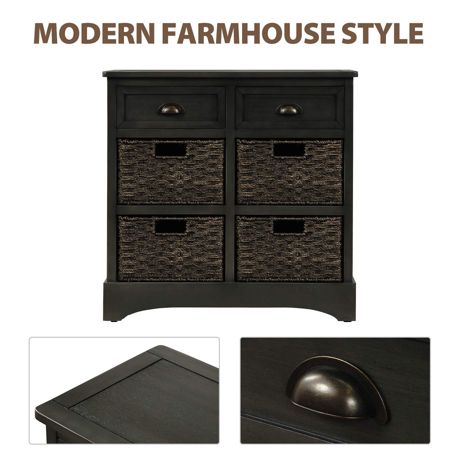 Rustic Gray Storage Cabinet with 2 Drawers & 4 Fabric Baskets - Kitchen Organizer, Entryway Furniture, Living Room Accent Piece for Home Decor