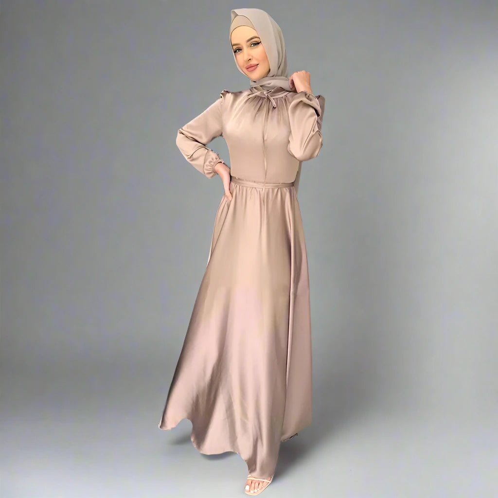 8 Colors Muslim Women's Satin Abaya Dress - Modest Islamic Prayer Dress for Eid, Ramadan & Special Occasions