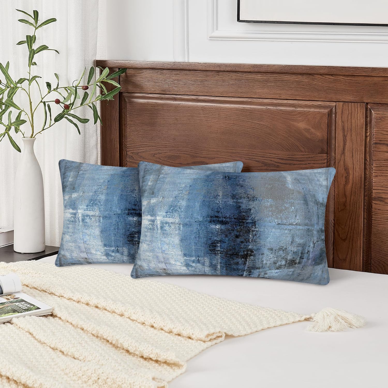 Blue and Grey Abstract Art Throw Pillow Covers Set of 2 - 12x20 Inch Modern Decorative Cushion Covers for Sofa, Bedroom & Living Room - Perfect for Home Decor, Accent Pillows and Cozy Interior Styling