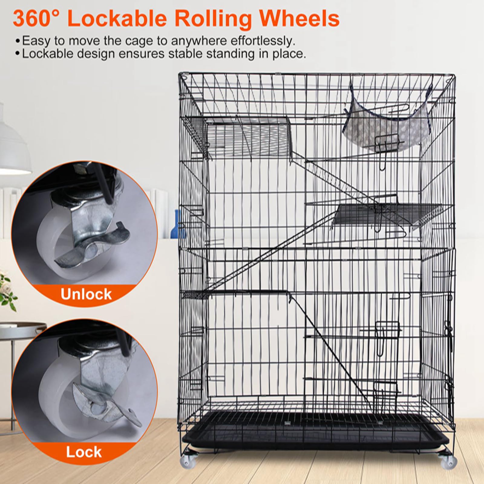 iMounTEK 4-Tier DIY Cat Playpen - Indoor Metal Cat Enclosure with 360° Lockable Wheels, 3 Doors & Ladders, Hammock for Cats & Small Pets (Black) - Perfect for Multi-Cat Homes, Play Areas & Small Animal Habitats