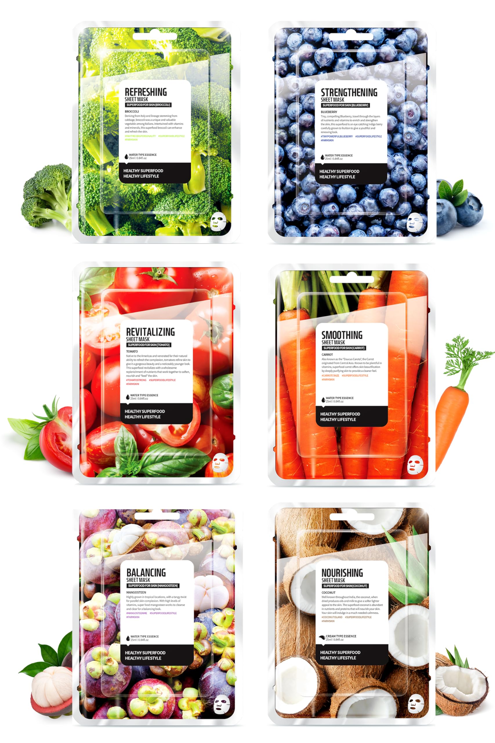 FARMSKIN Superfood Salad Sheet Mask Set of 6 | Korean Face Mask with Mangosteen, Broccoli, Carrot, Coconut, Blueberry & Tomato | Hydrating & Nourishing Skincare | Cruelty-Free & Vegan | Perfect for Spa Day, Self-Care Routine & Glowing Skin