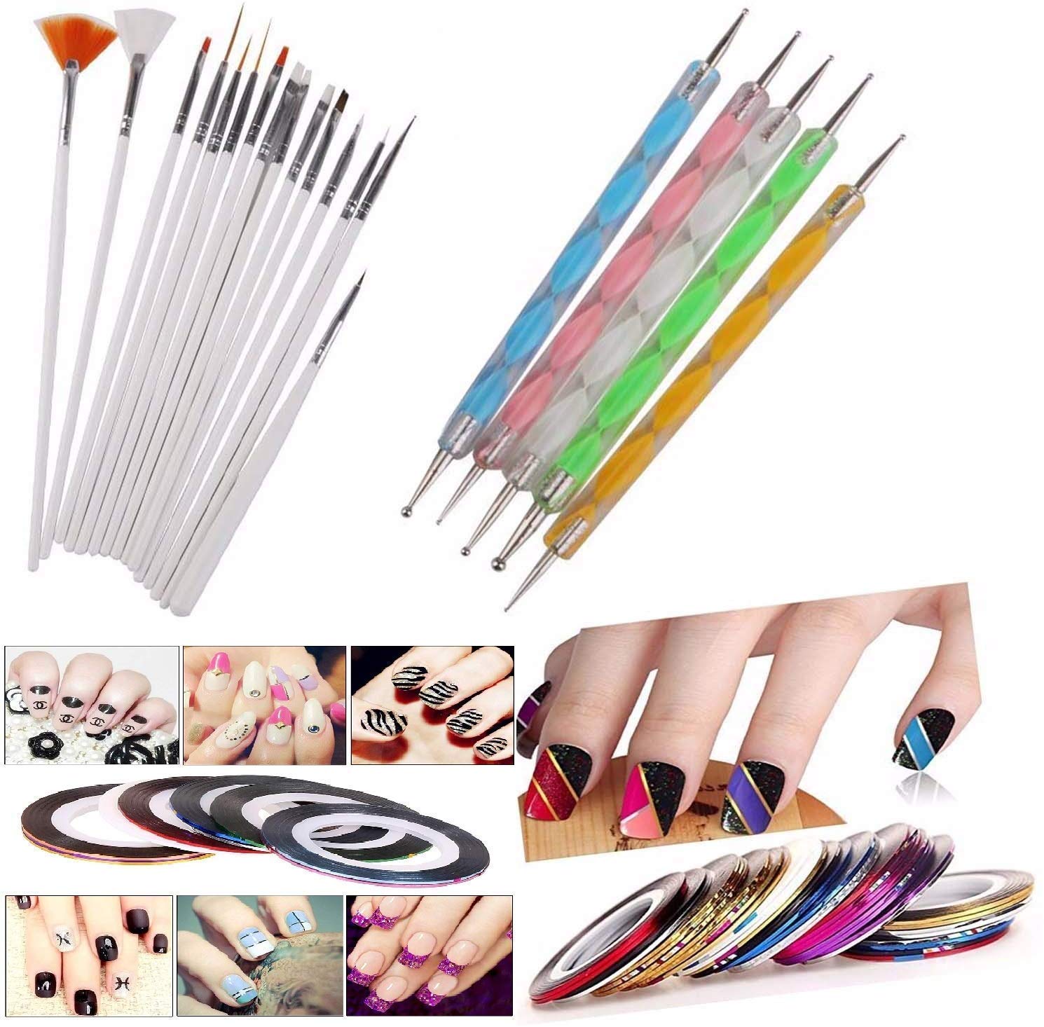 Professional 3D Nail Art Pen Kit - 15 Nail Brushes, 5 Dotting Pens & 10 Striping Tapes for DIY Manicure, Salon & Home Nail Design | Perfect for Gel Polish, Acrylic Nails, French Tips & Party Makeup