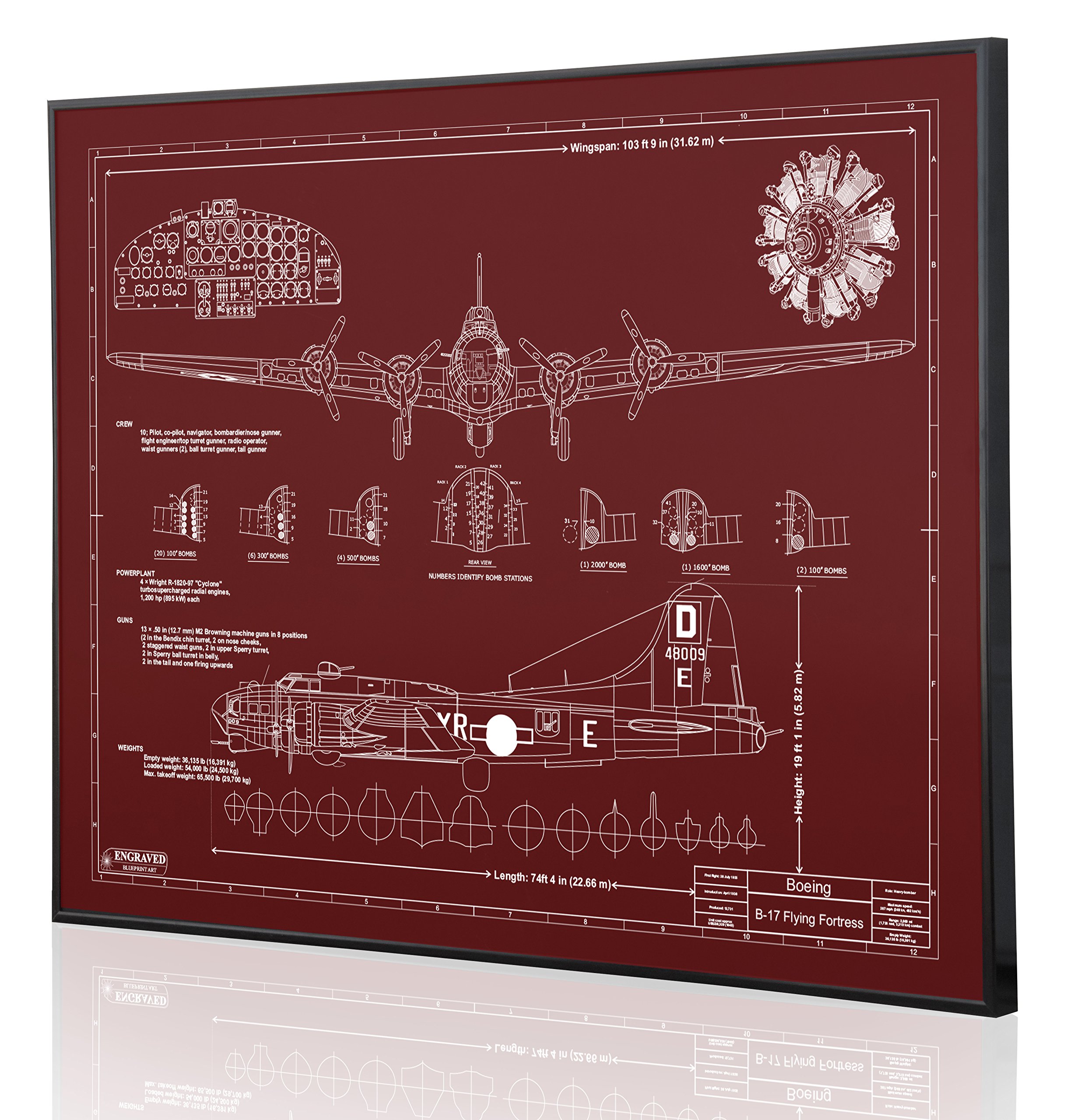Authentic Boeing B-17 Flying Fortress Blueprint Art - Laser Engraved Custom Aviation Decor - Perfect Pilot Gift for Home Office & Man Cave