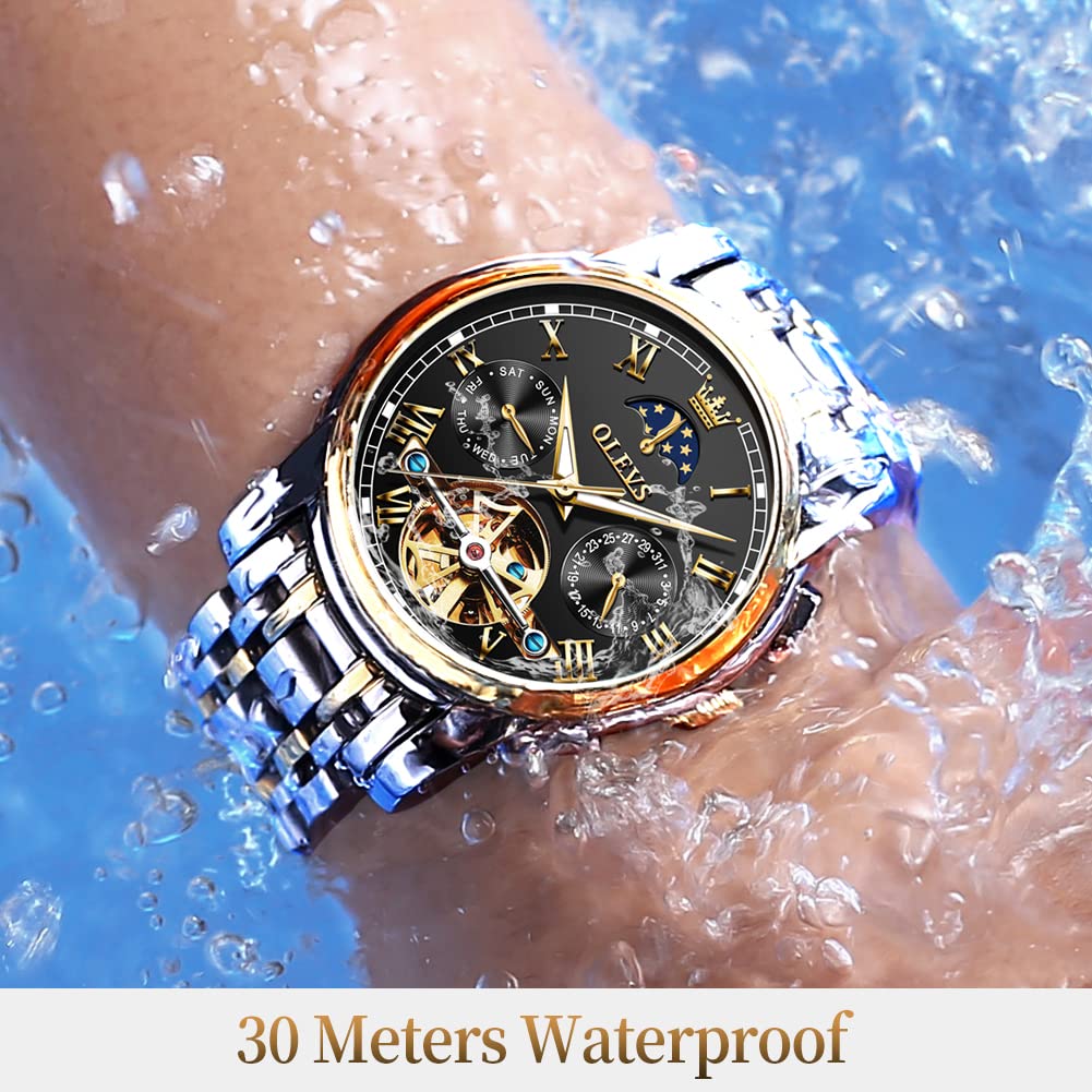 OLEVS Men's Automatic Mechanical Tourbillon Watch - Self-Winding Luxury Stainless Steel Waterproof Wristwatch with Luminous Hands & Date Display | Perfect for Business, Formal Events & Everyday Wear