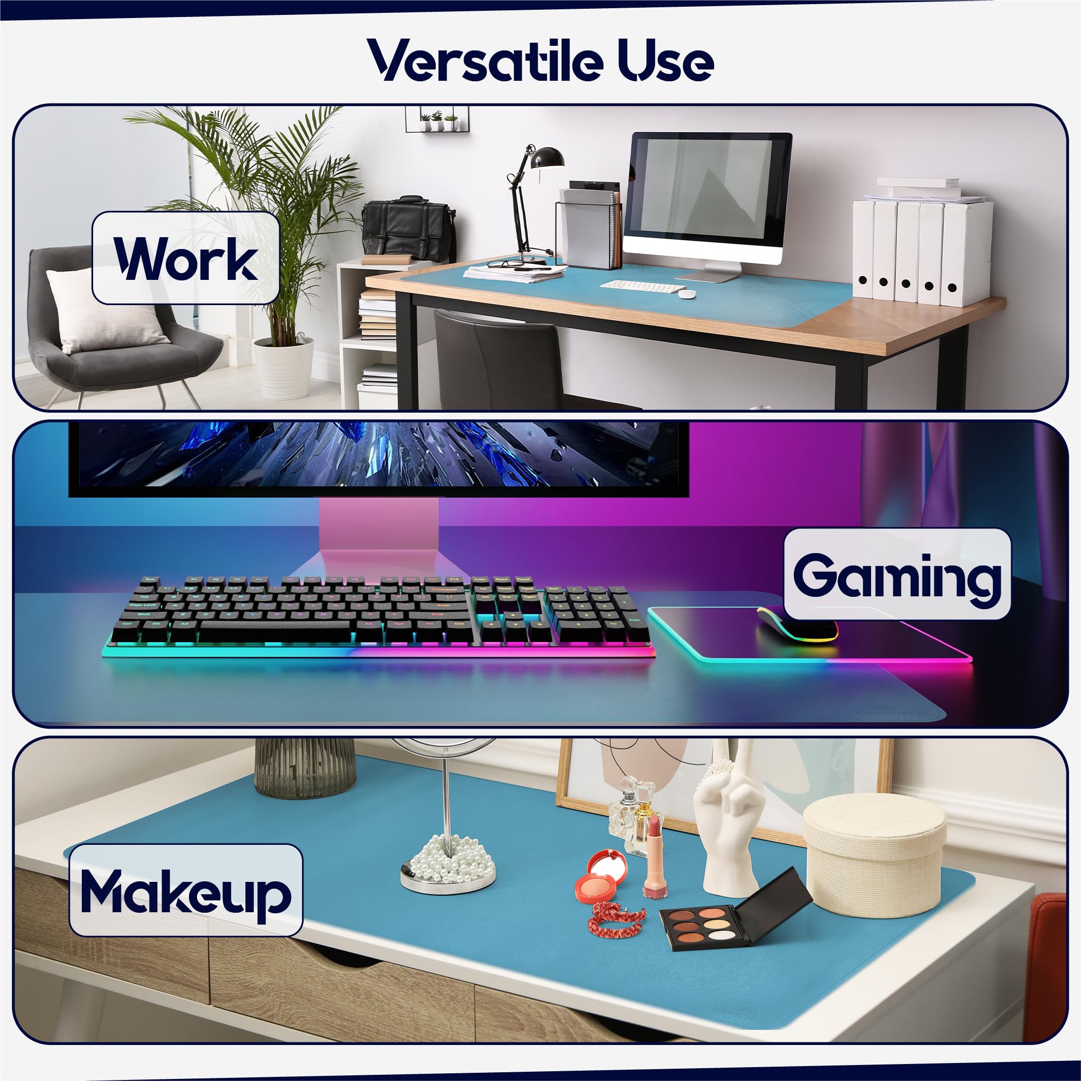 Premium Non-Slip Leather Desk Mat with Stitched Edges - Waterproof PU Desk Pad for Computer, Home Office & Vanity Makeup - Turquoise Small Size for Enhanced Workspace Comfort