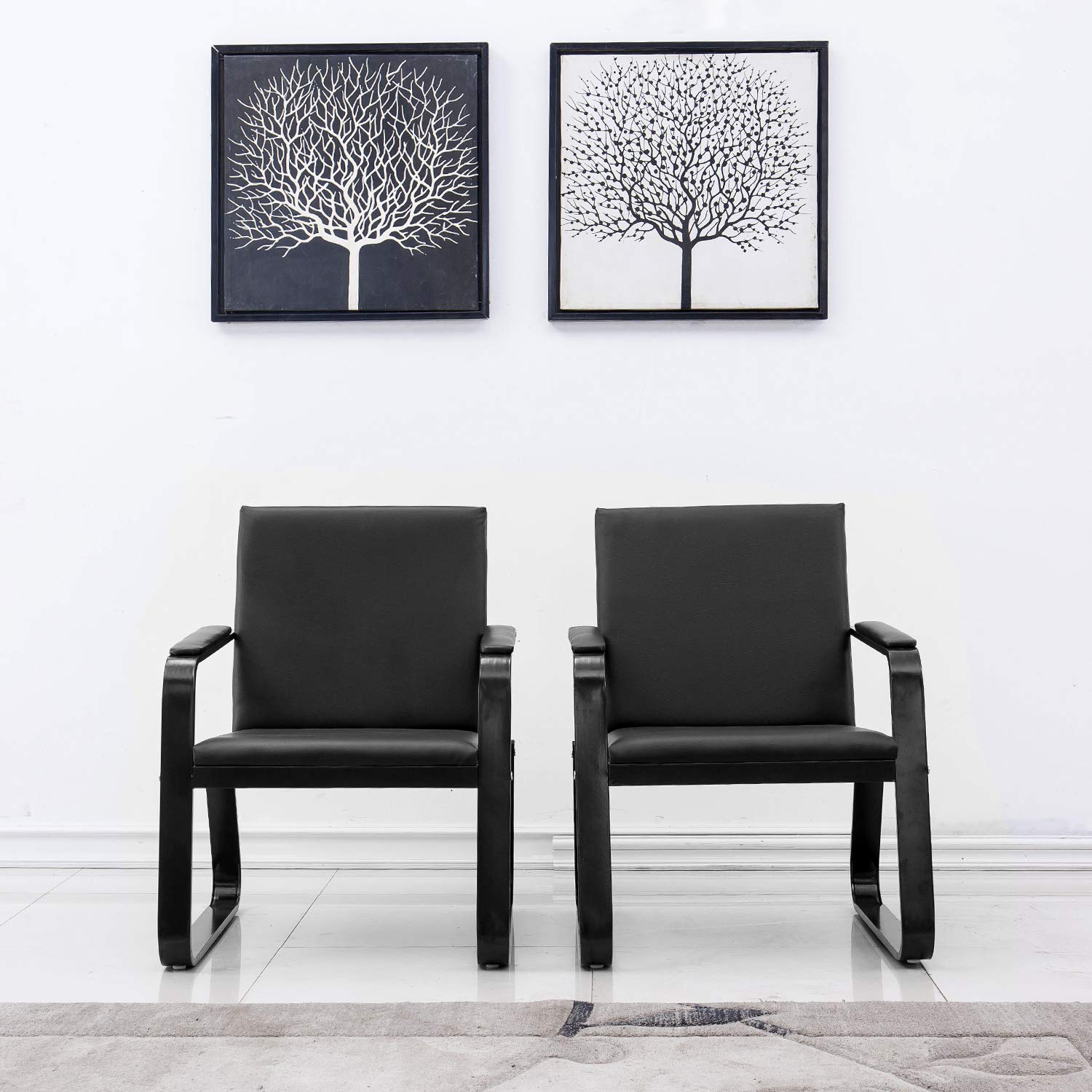 2Pcs Black PU Leather Waiting Room Chairs with Armrests - Office Guest Seating, Lobby & Conference Reception Chairs for Airport, Clinic, Hospital, Bank, Salon, Barber Shop - Perfect for Professional Spaces & High-Traffic Areas