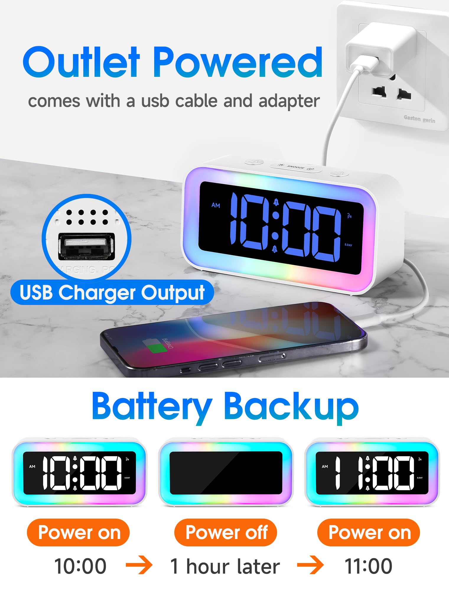 **Cadmos Loud Alarm Clock with Dynamic RGB Night Light - Dual Alarm, USB Charger & Dimmer - Digital LED Display for Heavy Sleepers, Adults, Kids, Teens & Seniors - Perfect for Bedrooms, Dorms & Nightstands (White)**