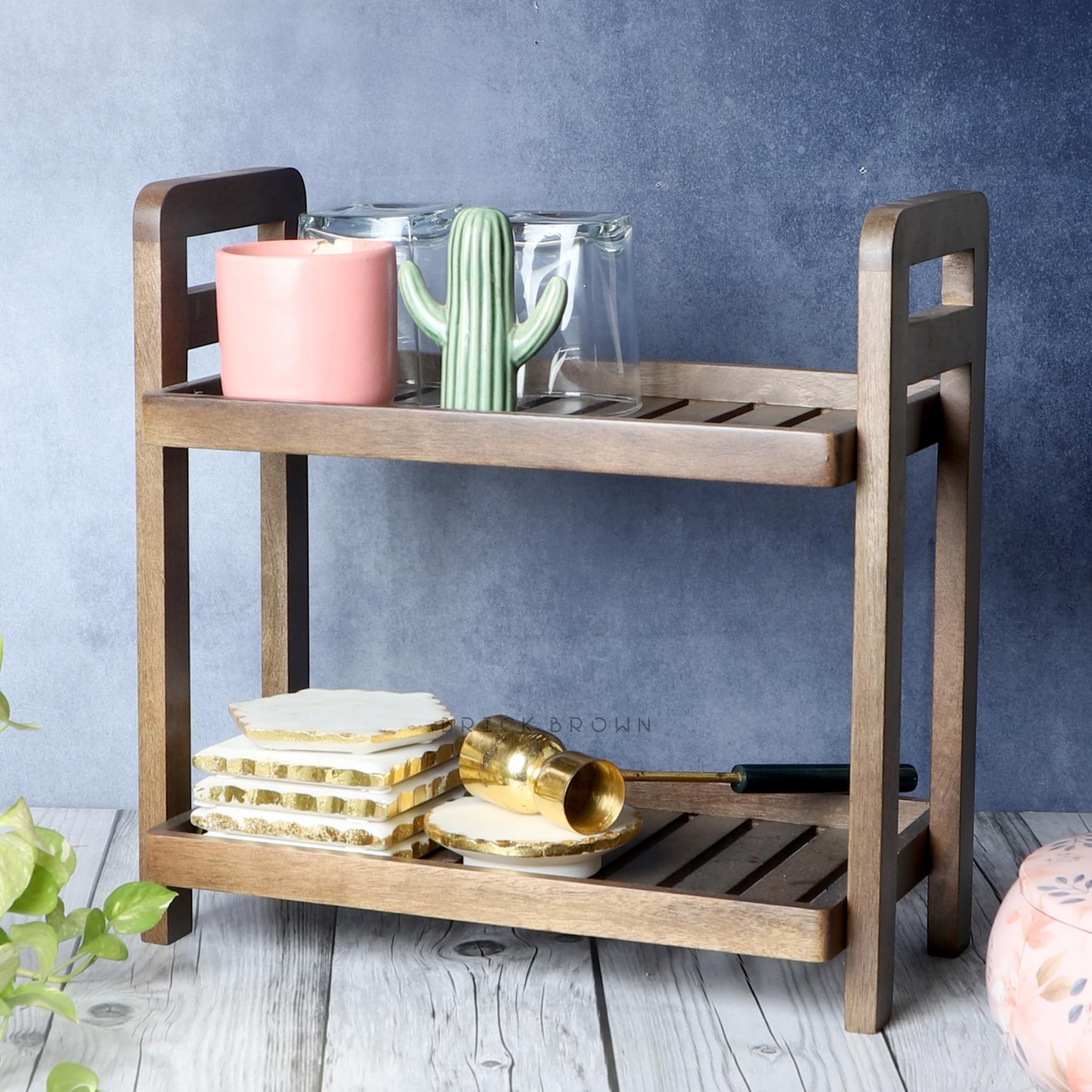 Premium Cocoa Brown Wooden 2-Tier Kitchen Organizer Stand - Free Standing Display Shelf for Snacks, Fruits & Desserts - Mahogany Finish DIY Serving Tray for Dining Room, Pantry & Countertop Organization